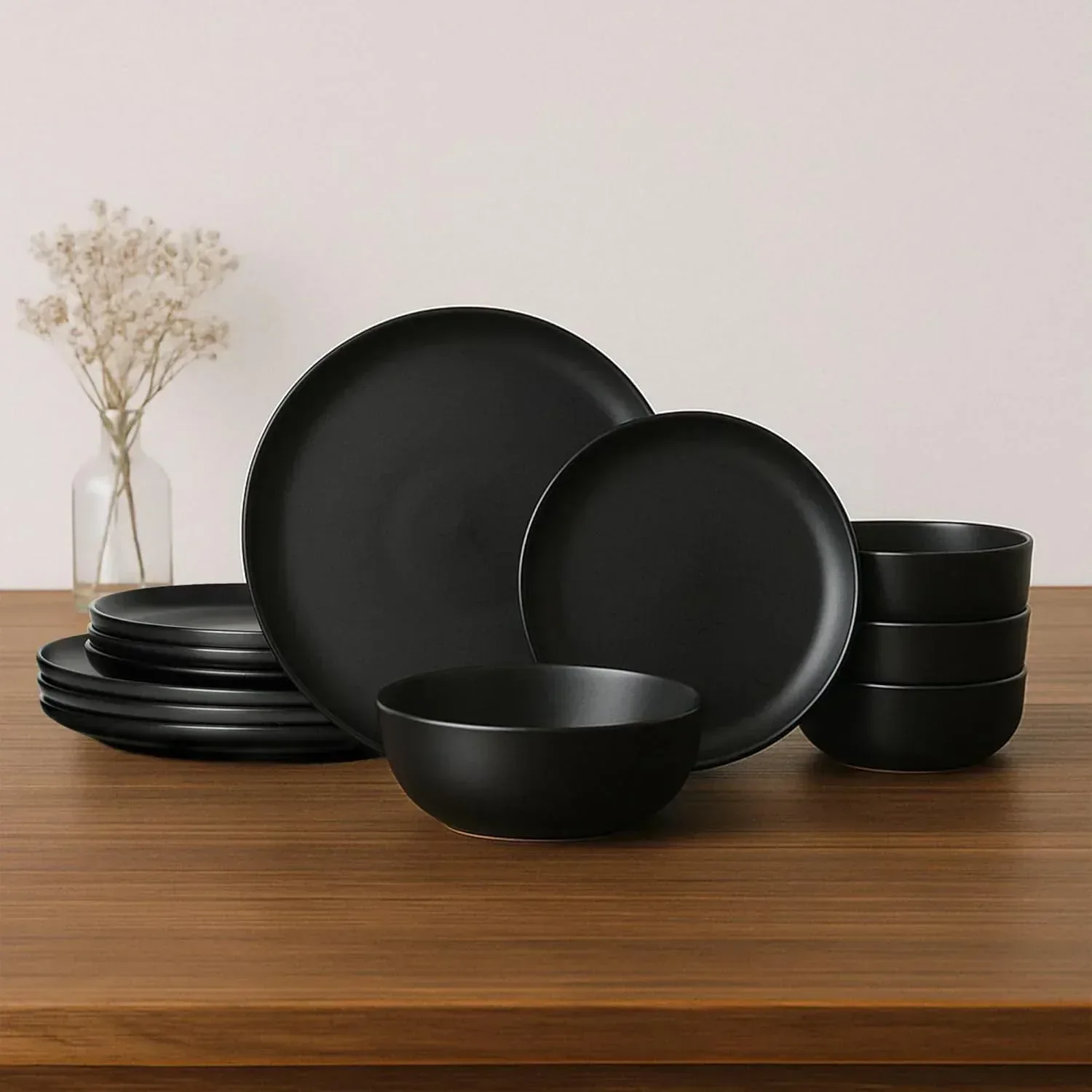 12-Piece Stoneware Dinnerware Set with Mugs | Microwave and Dishwasher Friendly | Stackable Matte Glaze Plates & Bowls | Service for 3 (Black for 3) - Image 12