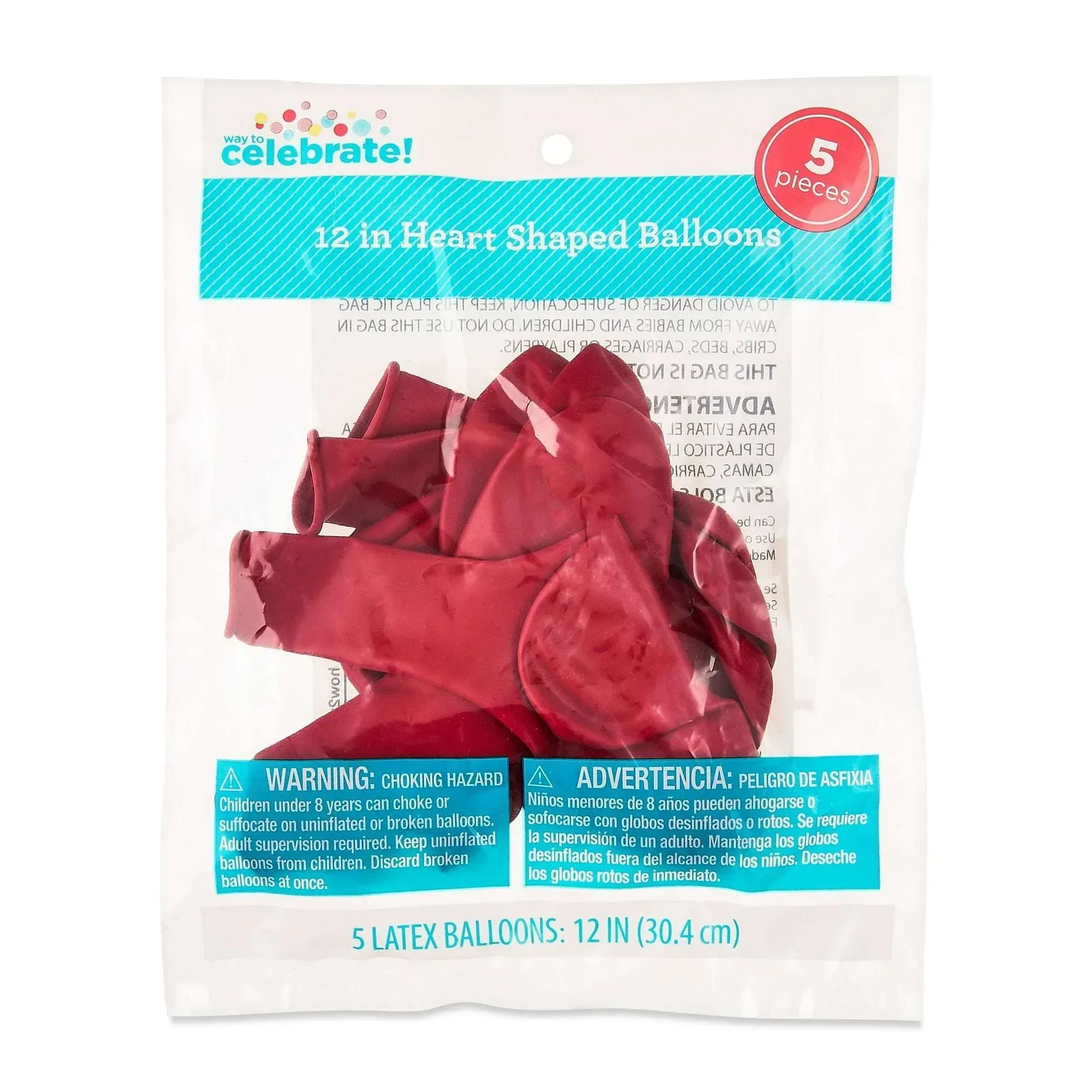12" Red Heart Shaped Latex Balloons, 5 Pieces Per Pack, by Way To Celebrate (Pack of 2) - Image 2