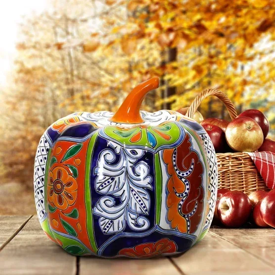 13" Talavera Style Ceramic Pumpkin - Image 2
