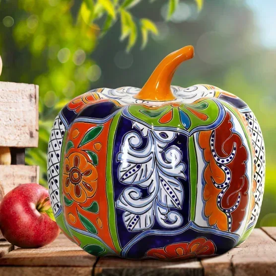 13" Talavera Style Ceramic Pumpkin - Image 3