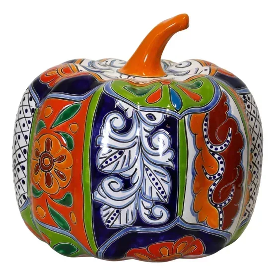 13" Talavera Style Ceramic Pumpkin - Image 4