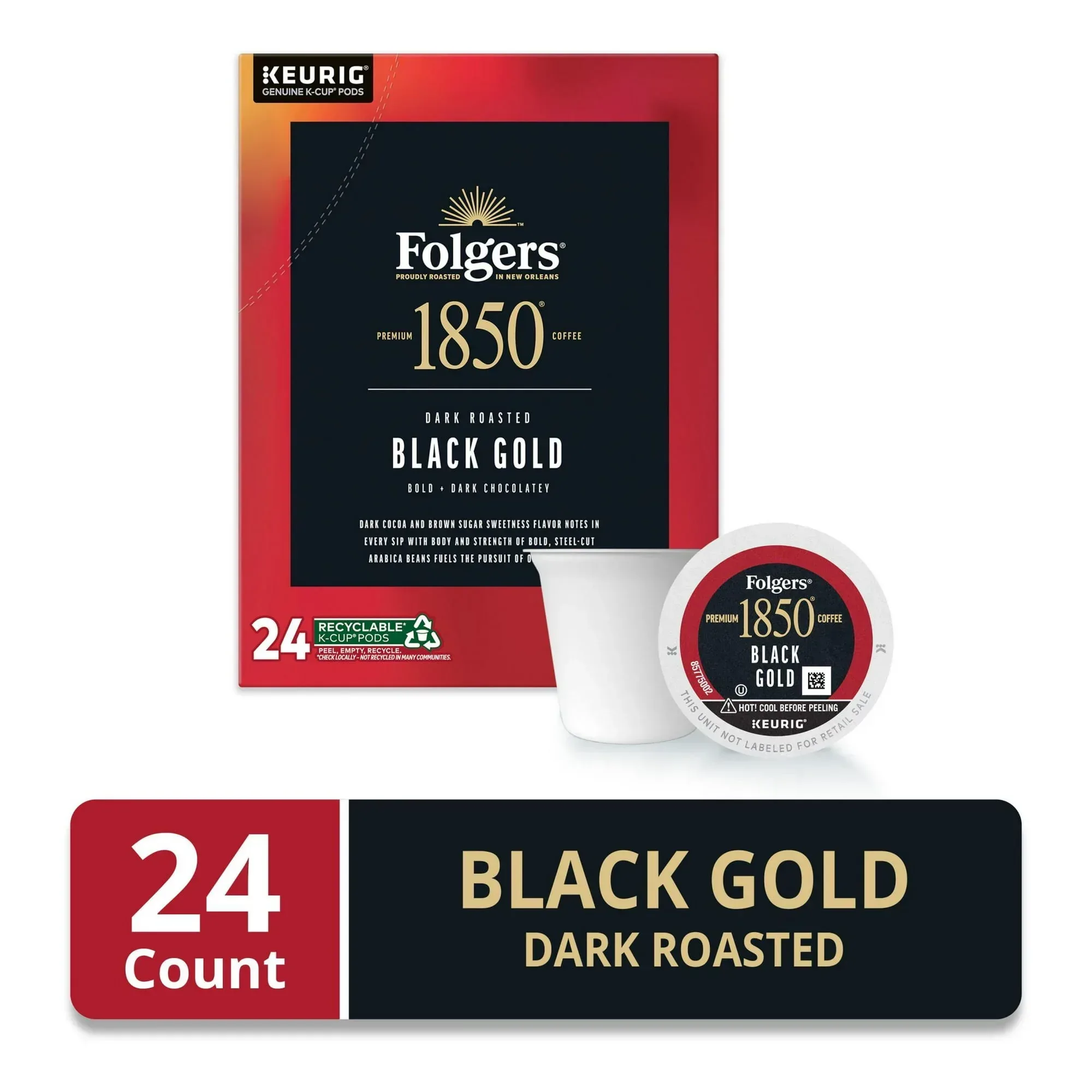 1850 Black Gold, Dark Roast Coffee, Keurig K Cup Pods, 24 Count Box
