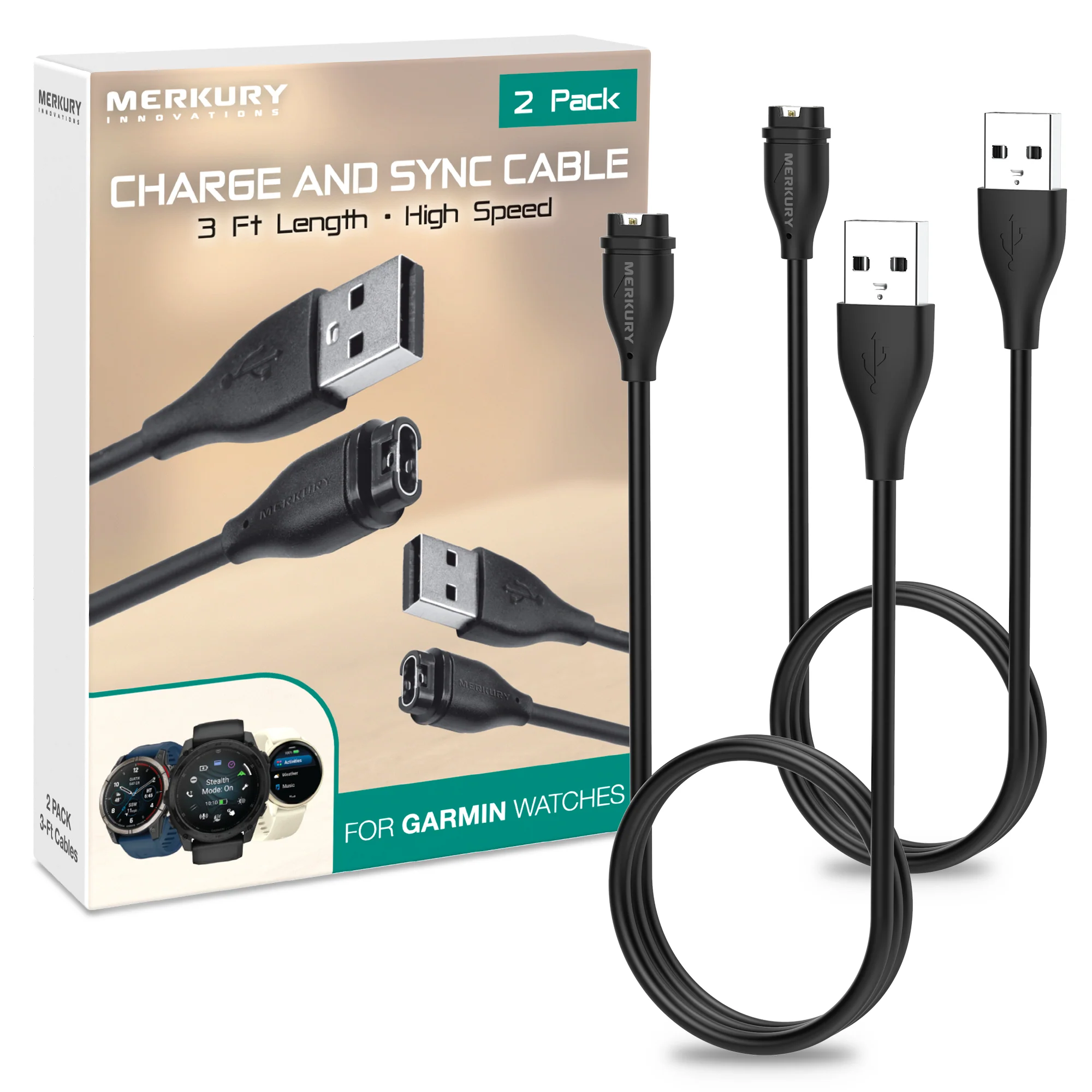 2 Pack Charge Cable - Garmin - 3 Ft - Black