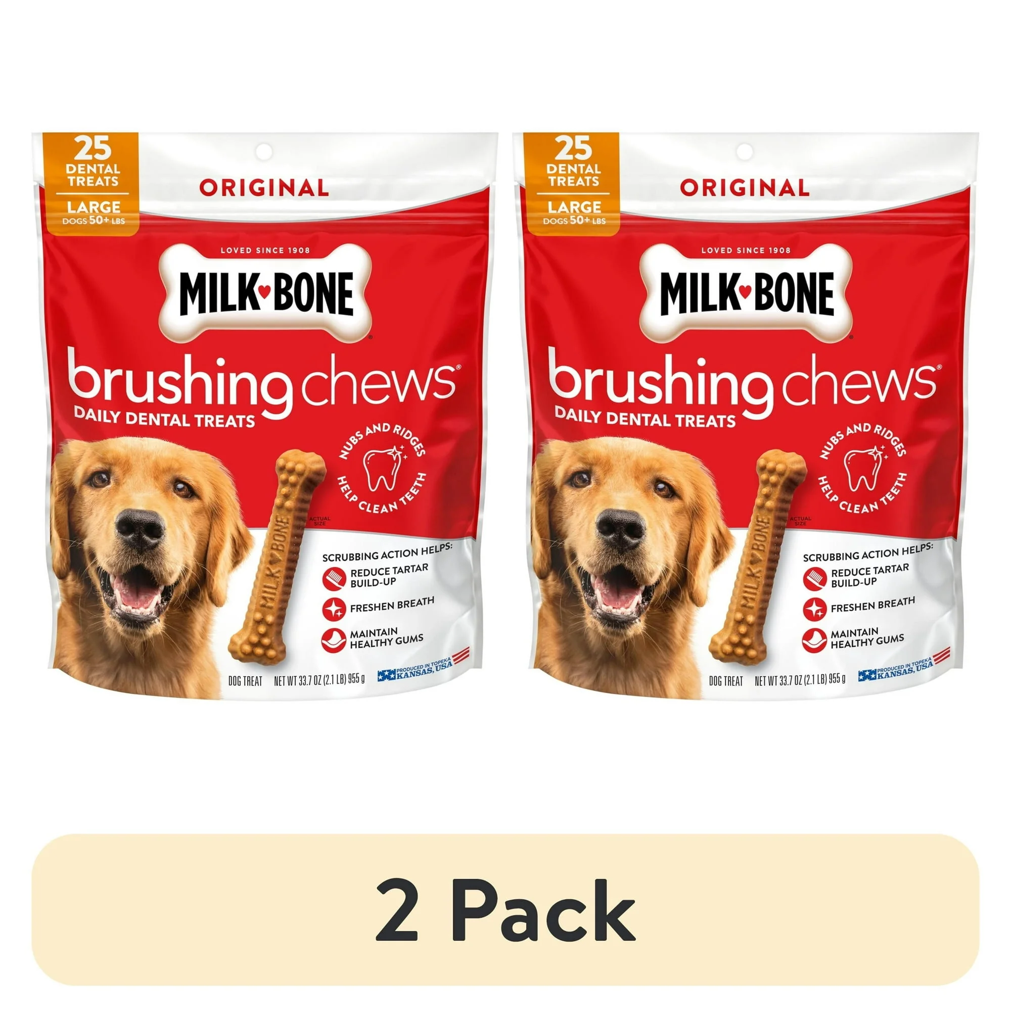 (2 pack) Milk Bone Brushing Chews Original Chicken Flavor Daily Dental Dog Treats, Large, 33.7 oz Bag