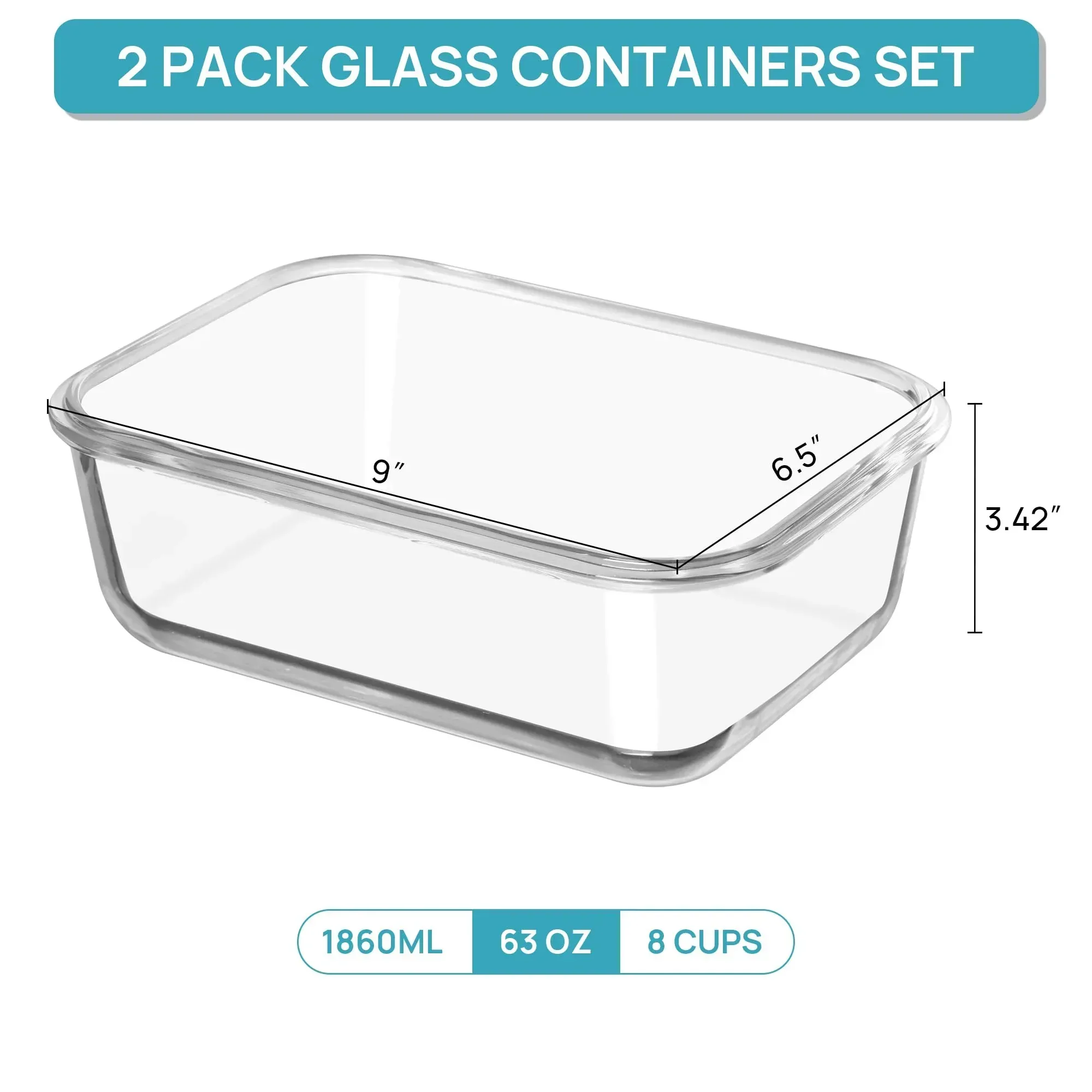 2Pack 1860ml/ 63oz Large Glass Storage Containers with Lids, Meal Prep Food Container Set with Snap Airtight Lid for Baking, Microwave, Oven, Leak Proof, for Freezer, Dishwasher, Grey - Image 2