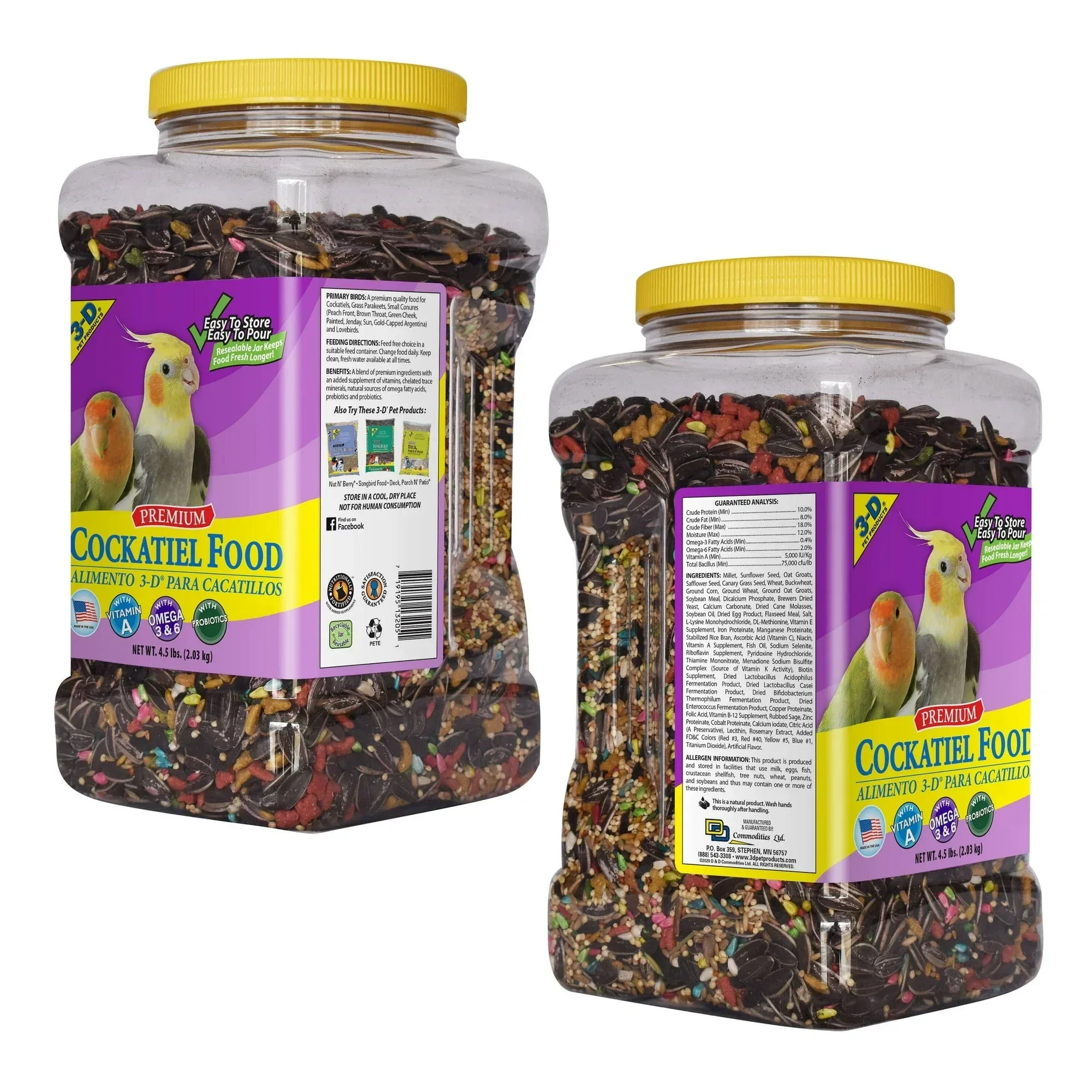 3-D Pet Products Premium Cockatiel Bird Food Seeds, with Probiotics, 4.5 lb. Stay Fresh Jar - Image 2