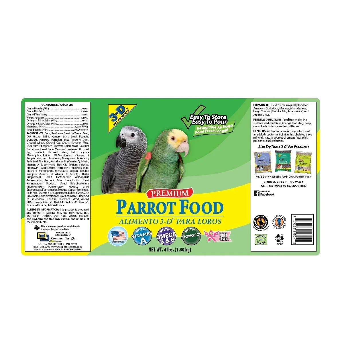 3-D Pet Products Premium Parrot Bird Food, Seeds, 4 lb. Stay Fresh Jar - Image 2