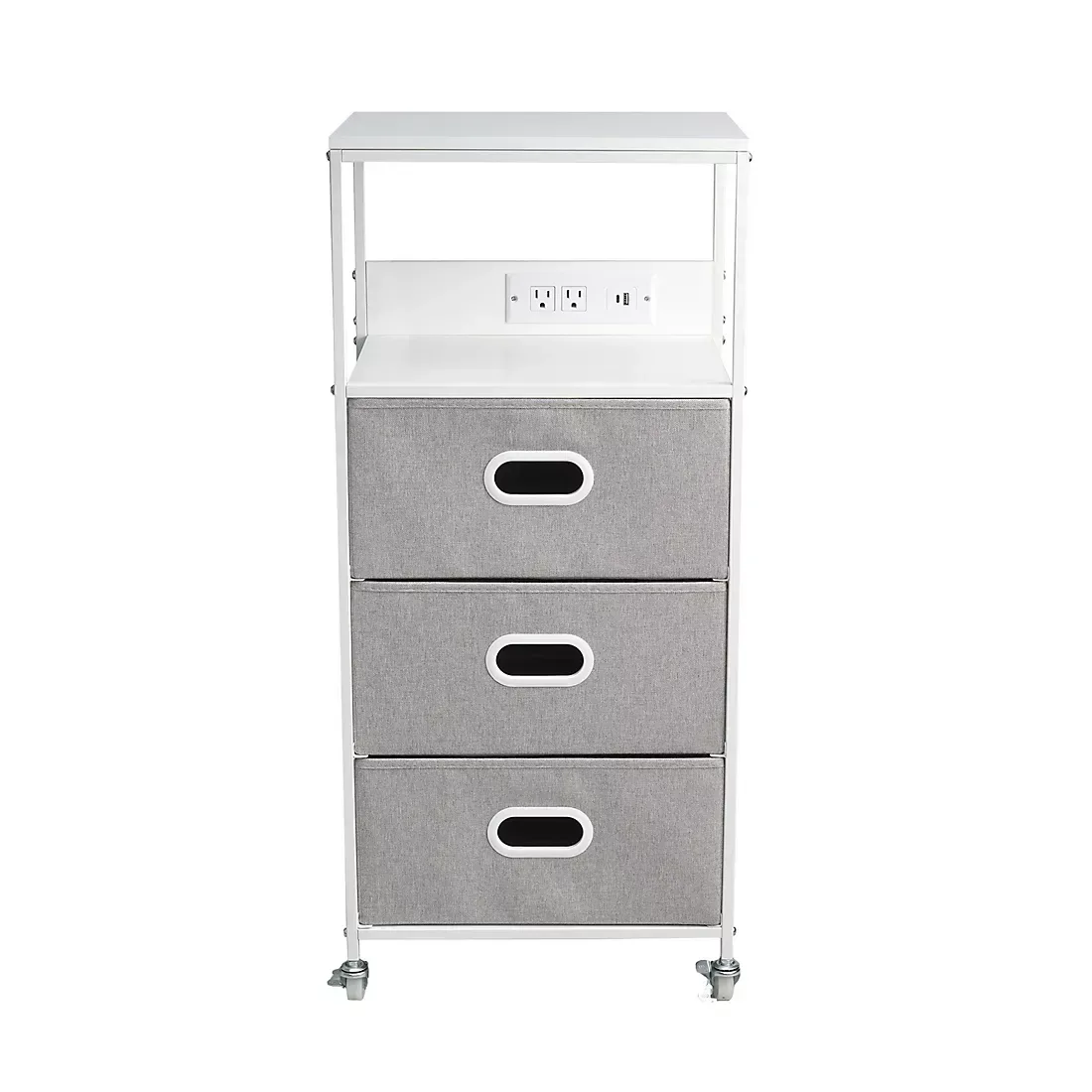3-Drawer Rolling Cart with USB Power, Two Top Shelves, Built-in Charging Ports