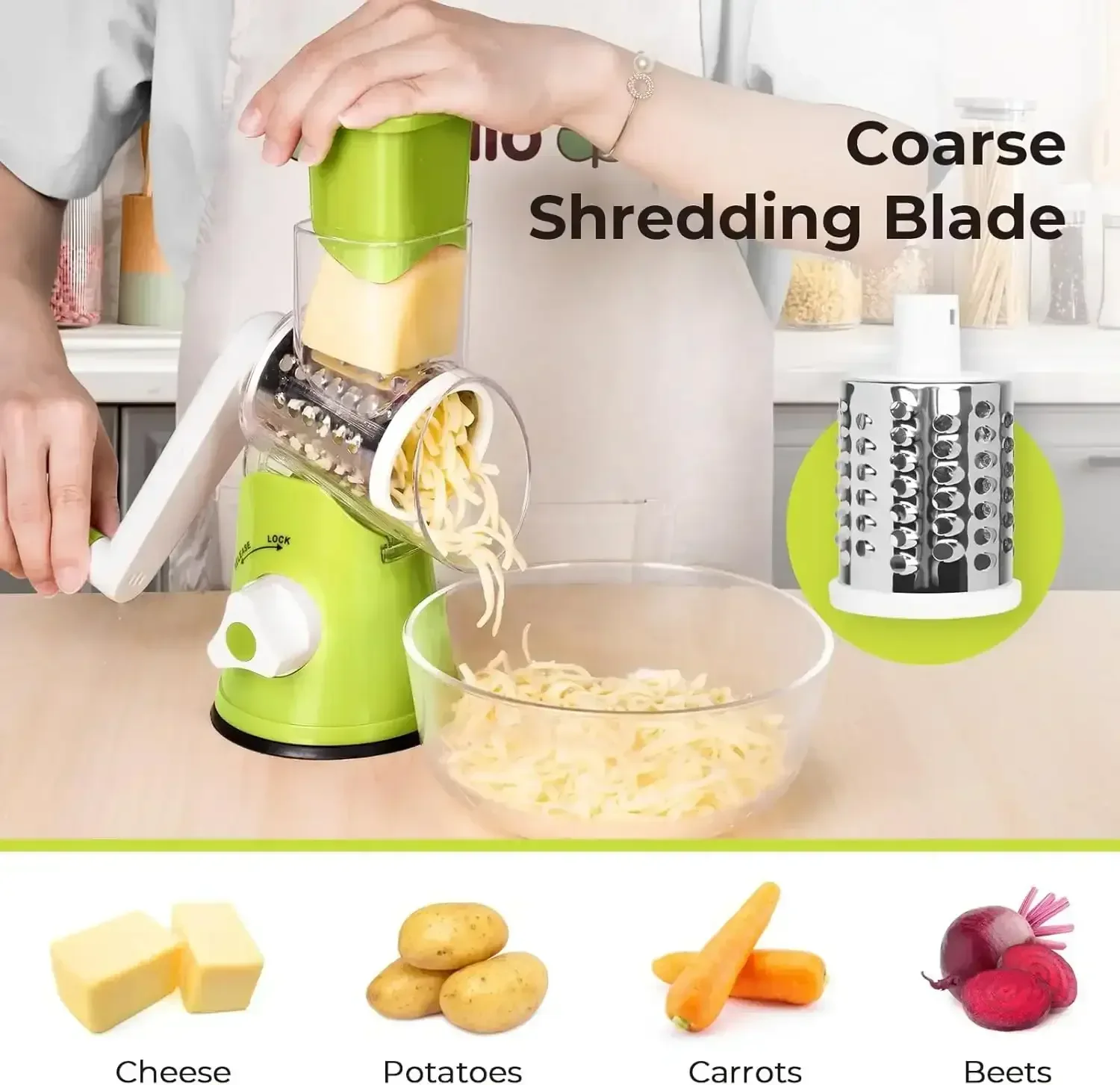 3 in 1 Cheese Grater Rotary, Cheese Shredder Grater for Kitchen Grater Slicer with 3 Replacement Blades, Potato Slicer Vegetable Chopper with Suction Base - Image 10