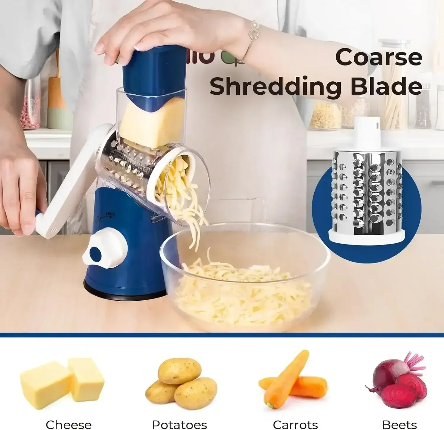 3 in 1 Cheese Grater Rotary, Cheese Shredder Grater for Kitchen Grater Slicer with 3 Replacement Blades, Potato Slicer Vegetable Chopper with Suction Base - Image 19