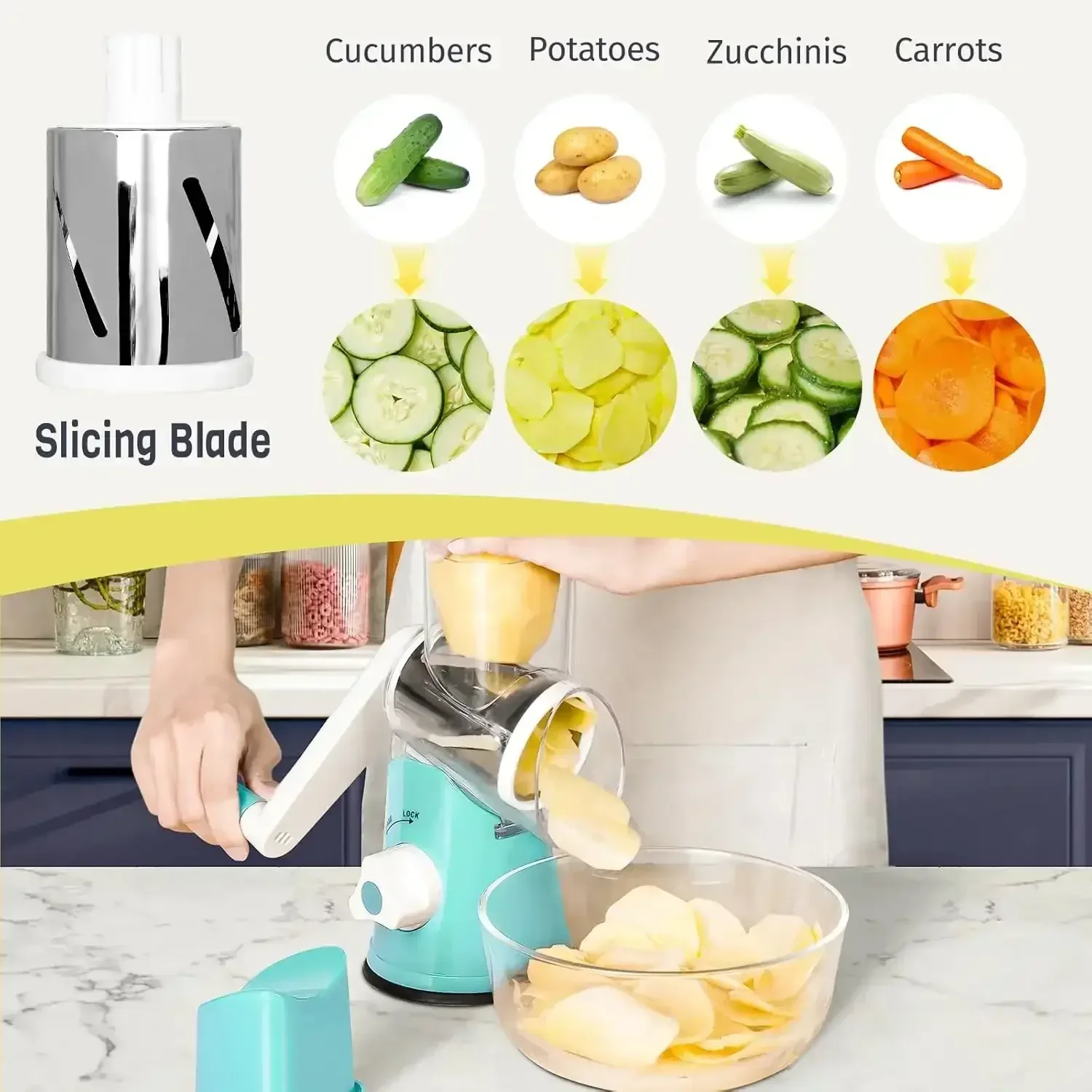 3 in 1 Cheese Grater Rotary, Cheese Shredder Grater for Kitchen Grater Slicer with 3 Replacement Blades, Potato Slicer Vegetable Chopper with Suction Base - Image 2