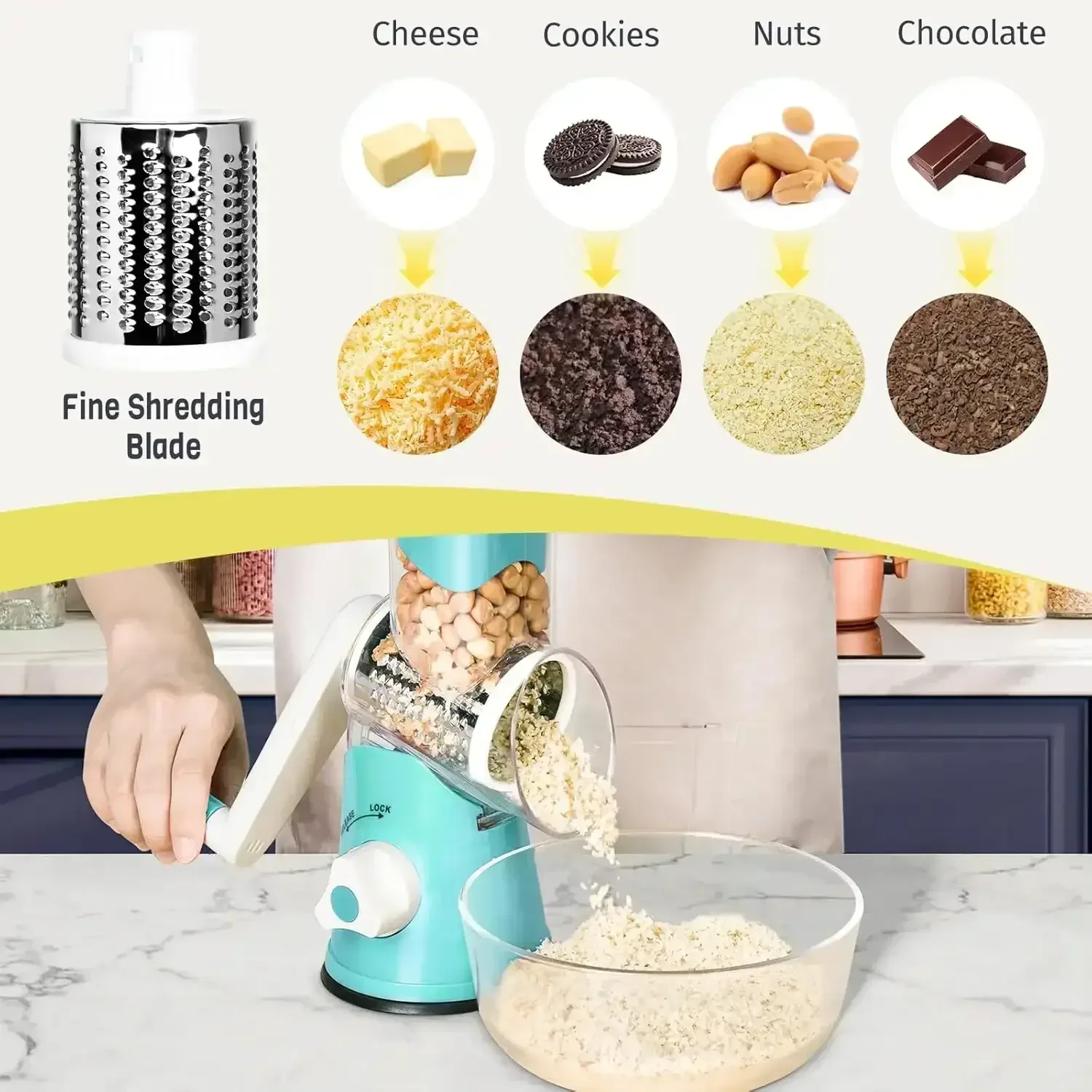 3 in 1 Cheese Grater Rotary, Cheese Shredder Grater for Kitchen Grater Slicer with 3 Replacement Blades, Potato Slicer Vegetable Chopper with Suction Base - Image 3