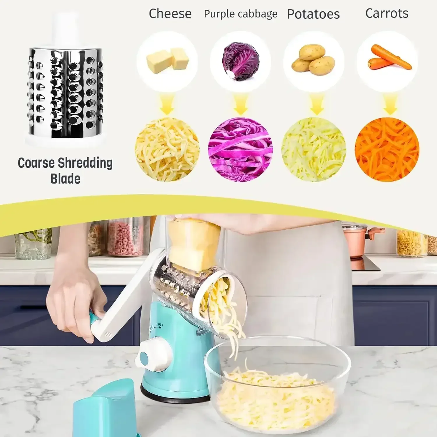 3 in 1 Cheese Grater Rotary, Cheese Shredder Grater for Kitchen Grater Slicer with 3 Replacement Blades, Potato Slicer Vegetable Chopper with Suction Base - Image 4