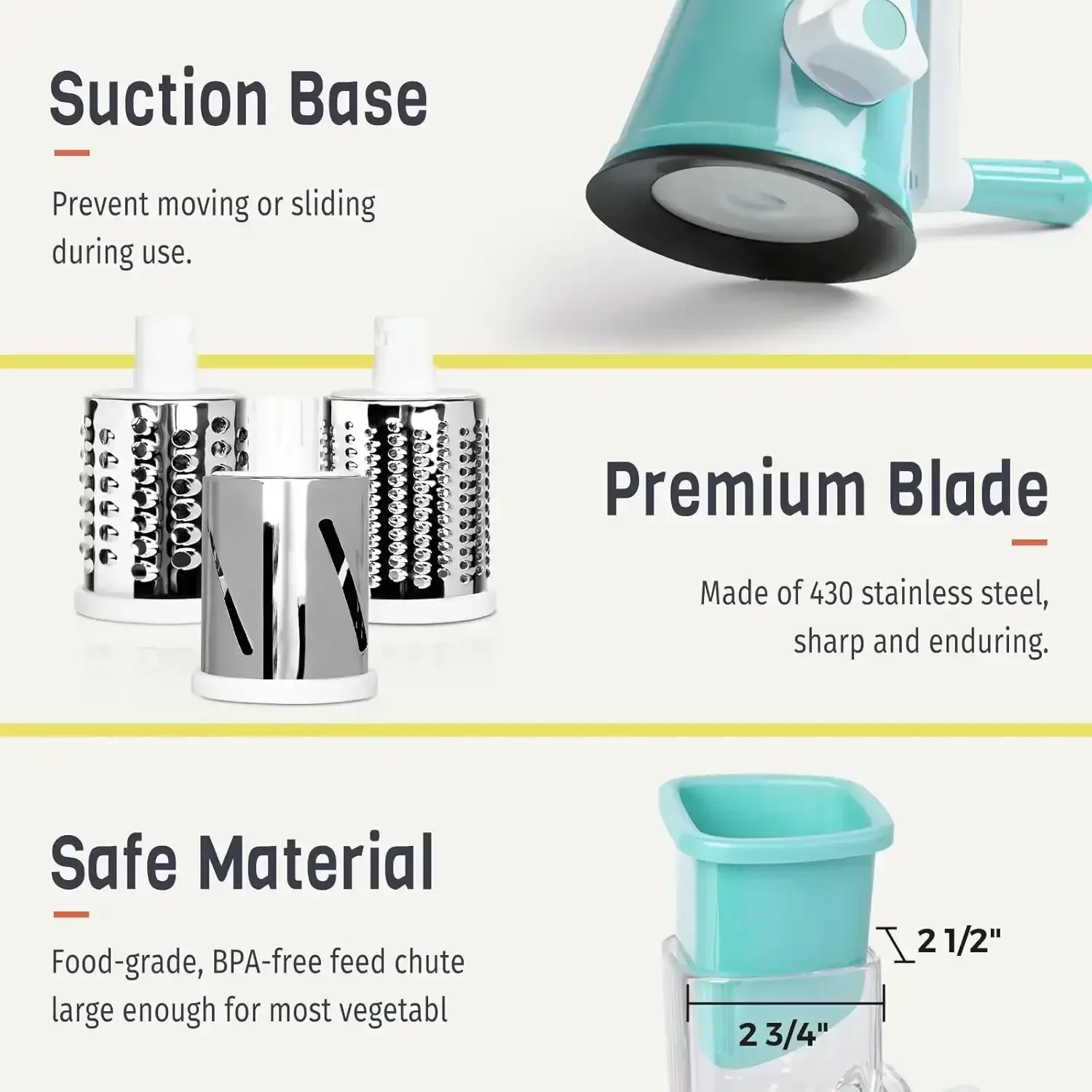3 in 1 Cheese Grater Rotary, Cheese Shredder Grater for Kitchen Grater Slicer with 3 Replacement Blades, Potato Slicer Vegetable Chopper with Suction Base - Image 5