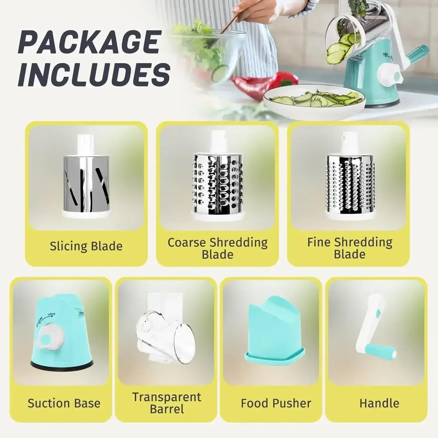 3 in 1 Cheese Grater Rotary, Cheese Shredder Grater for Kitchen Grater Slicer with 3 Replacement Blades, Potato Slicer Vegetable Chopper with Suction Base - Image 6