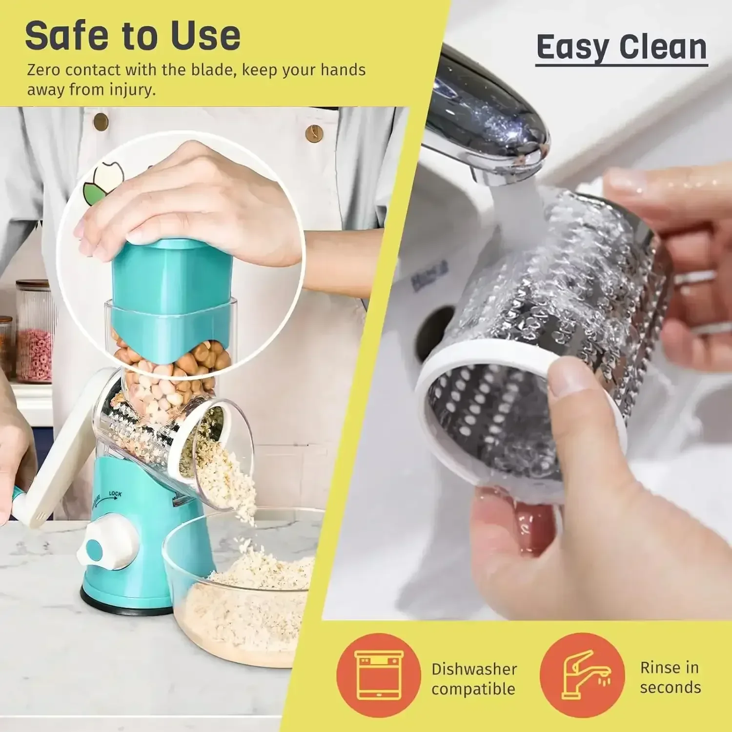 3 in 1 Cheese Grater Rotary, Cheese Shredder Grater for Kitchen Grater Slicer with 3 Replacement Blades, Potato Slicer Vegetable Chopper with Suction Base - Image 7
