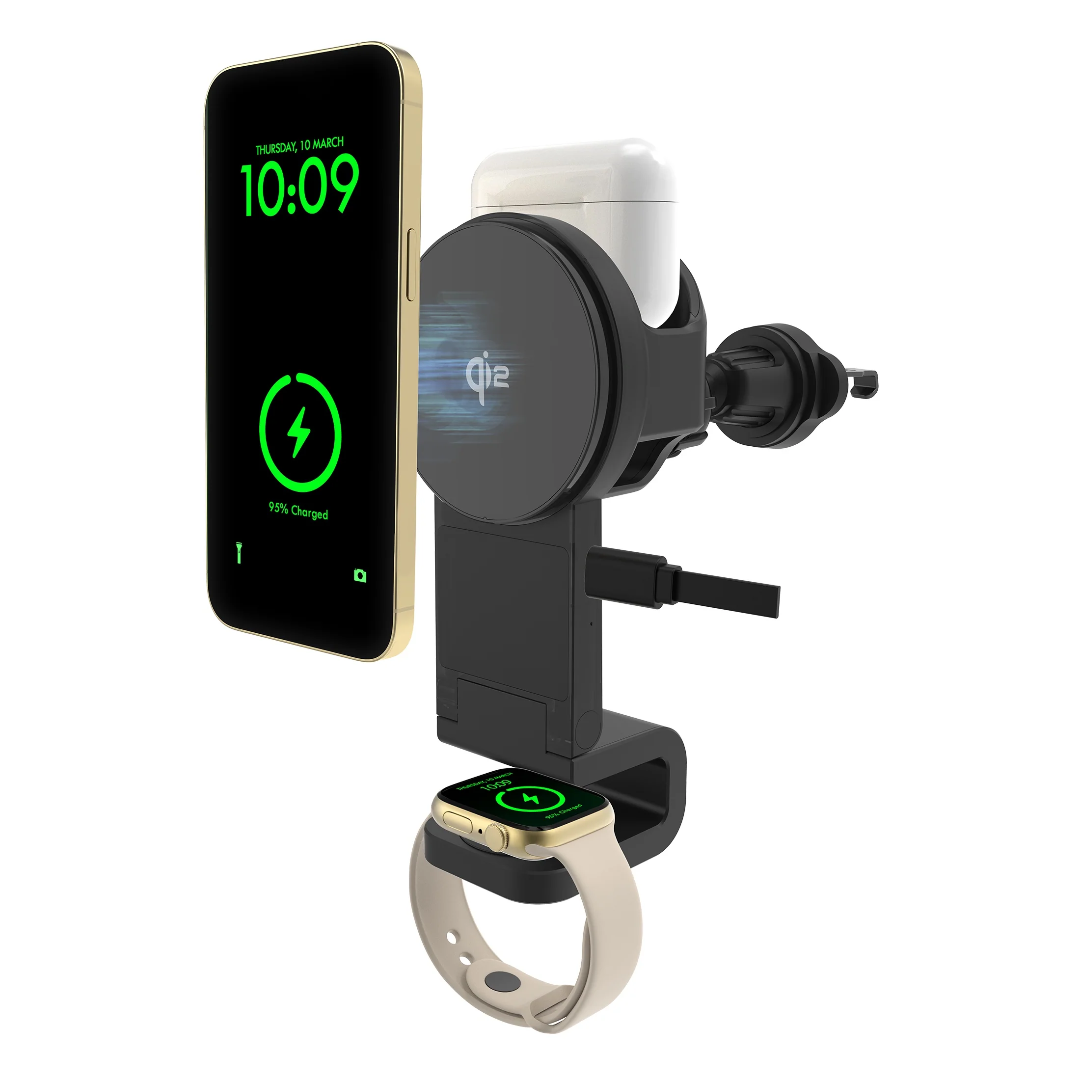 3-in-1 Magcharge Car Mount With Wireless Charging for Phone, Airpods and iWatch - Image 2