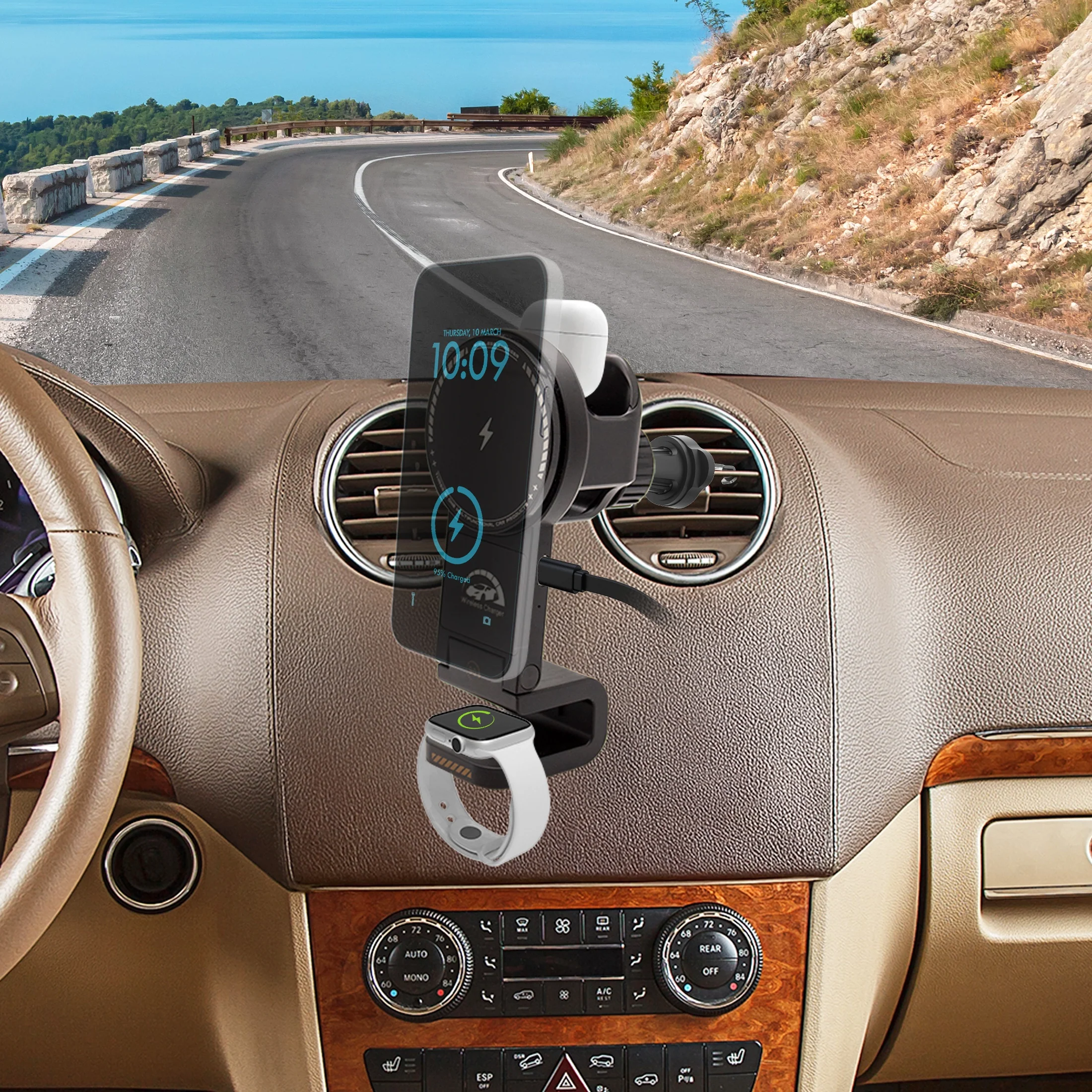 3-in-1 Magcharge Car Mount With Wireless Charging for Phone, Airpods and iWatch - Image 3