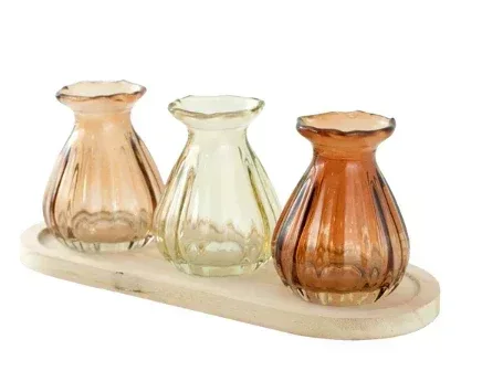 3 Pc Indoor Decorative Translucent Glass Tabletop Bud Vase Set with Natural Wood Base Tray - Image 2