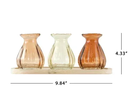 3 Pc Indoor Decorative Translucent Glass Tabletop Bud Vase Set with Natural Wood Base Tray - Image 3