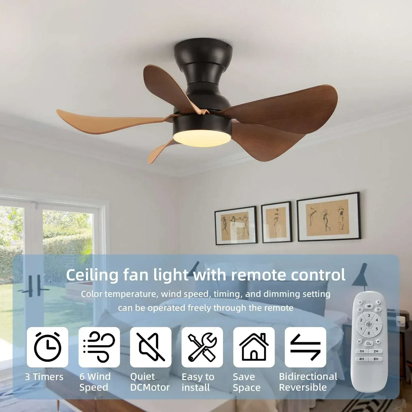 30 Inch Indoor Ceiling Fan with Light and Remote, Ceiling Fans with 5 Blades, 6-Speeds, 3 Colors for Farmhouse, Living Room, Bedroom - Image 3