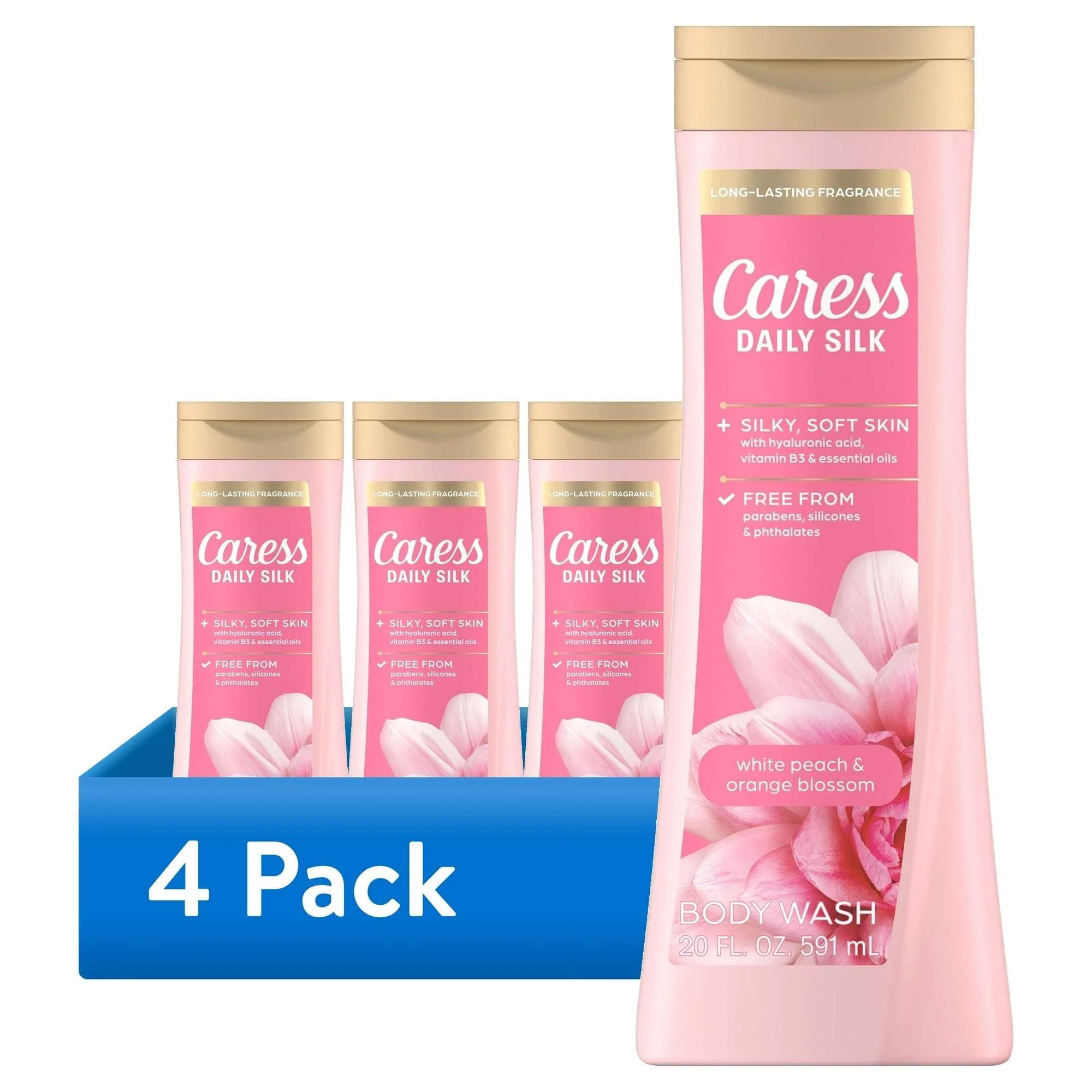 (4 pack) Caress Body Wash for Women, Daily Silk White Peach & Orange Blossom for All Skin 20 fl oz