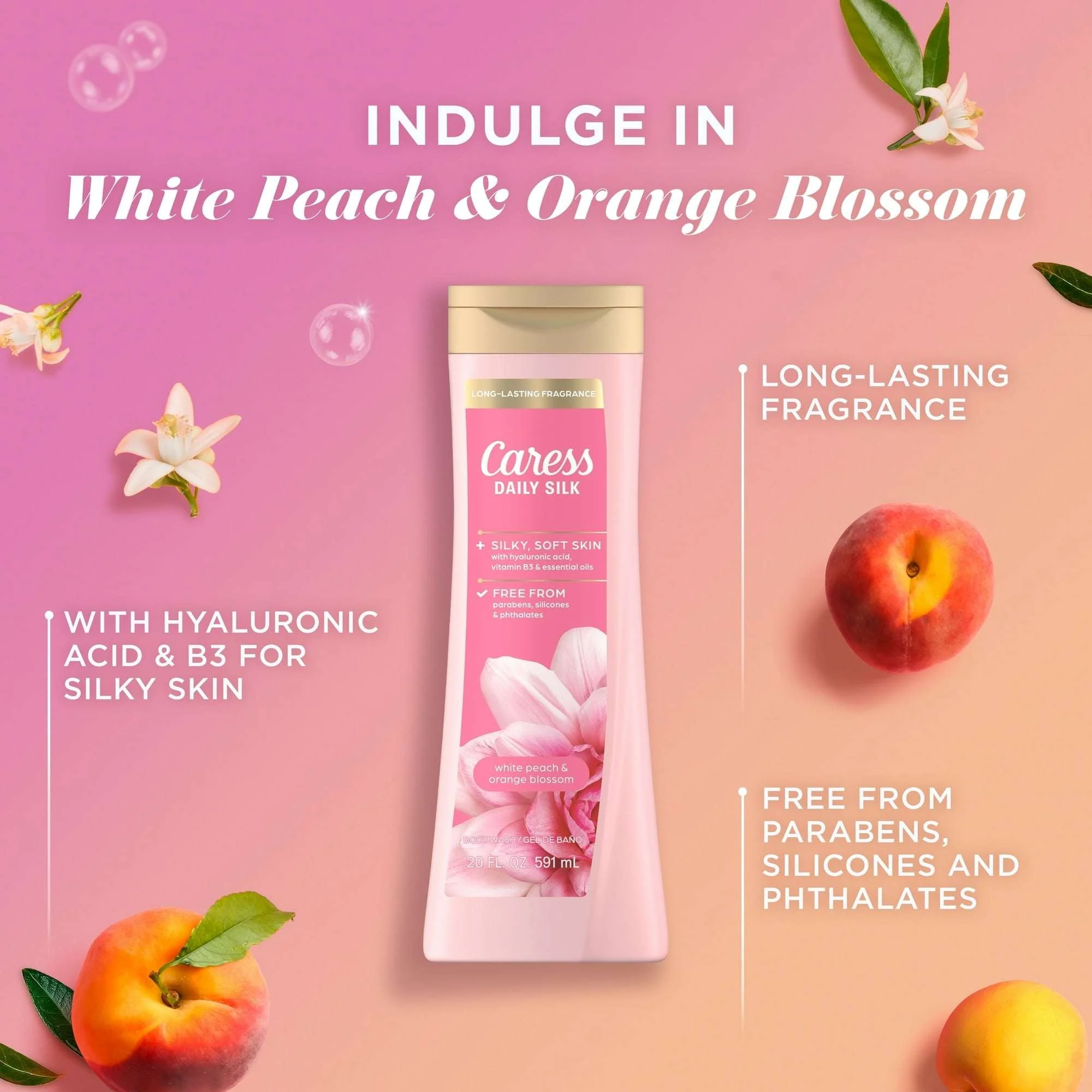 (4 pack) Caress Body Wash for Women, Daily Silk White Peach & Orange Blossom for All Skin 20 fl oz - Image 6