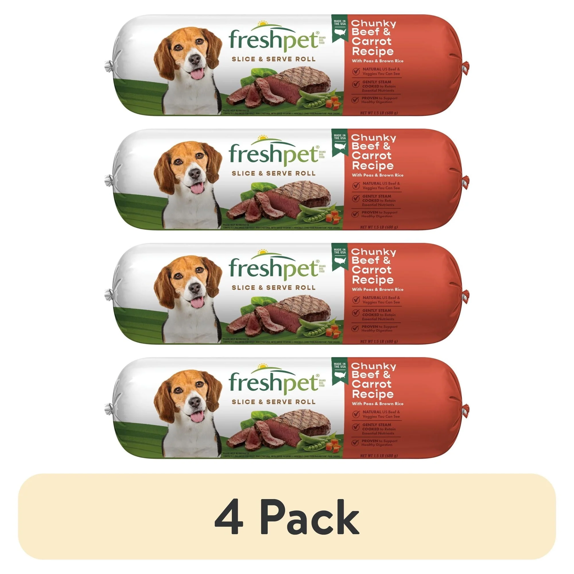 (4 pack) Freshpet Fresh Dog Food, Chunky Beef and Carrot Recipe, Slice & Serve Roll, 1.5 lb.