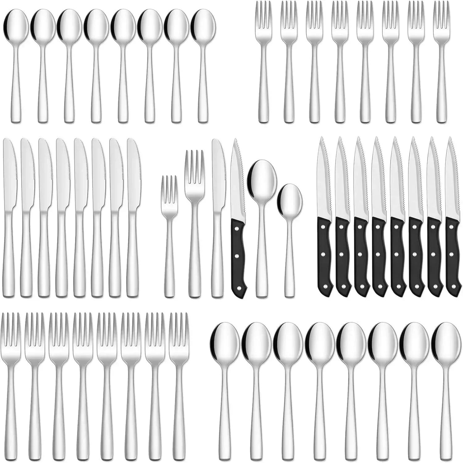 48-Piece Mirror Finished Black Silverware Set with Steak Knives, Black Flatware Set for 8, Stainless Steel Tableware Cutlery Set, Utensil Sets for Kitchen - Image 11
