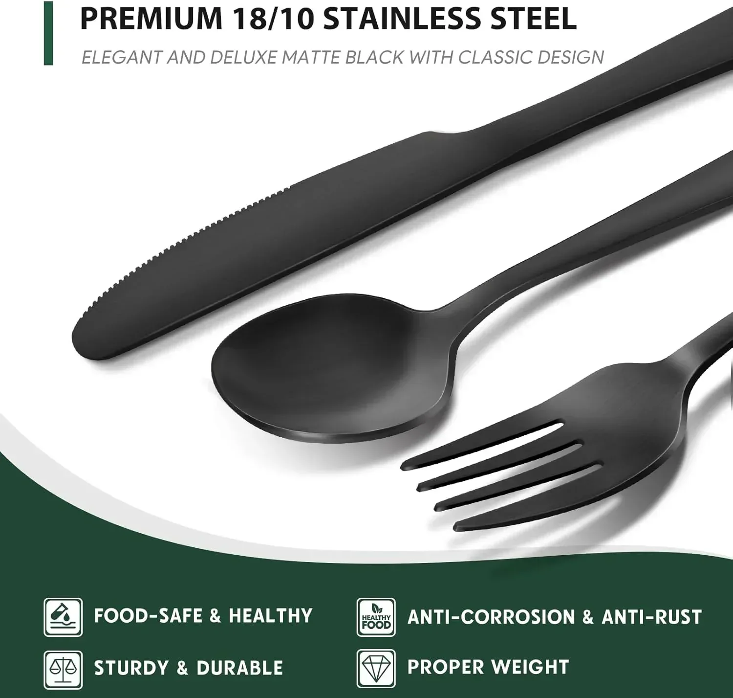 48-Piece Mirror Finished Black Silverware Set with Steak Knives, Black Flatware Set for 8, Stainless Steel Tableware Cutlery Set, Utensil Sets for Kitchen - Image 4