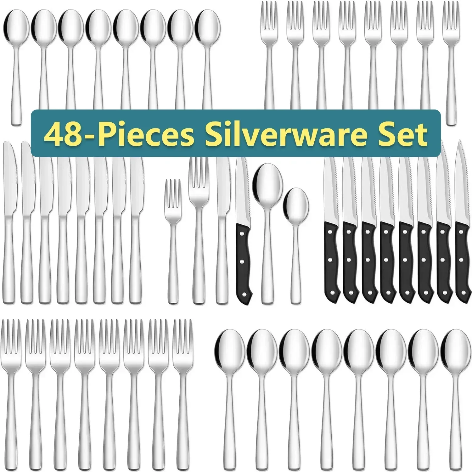 48-Piece Mirror Finished Black Silverware Set with Steak Knives, Black Flatware Set for 8, Stainless Steel Tableware Cutlery Set, Utensil Sets for Kitchen - Image 8