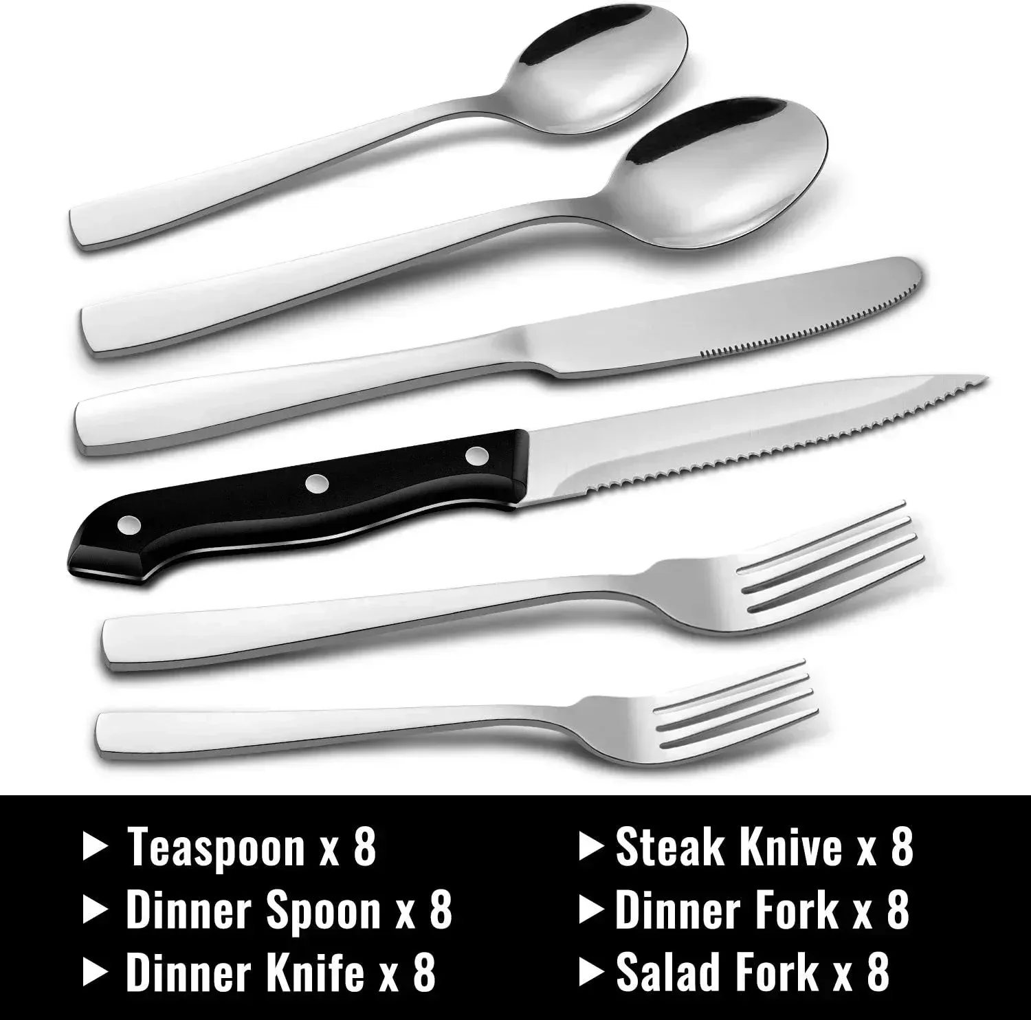 48-Piece Mirror Finished Black Silverware Set with Steak Knives, Black Flatware Set for 8, Stainless Steel Tableware Cutlery Set, Utensil Sets for Kitchen - Image 9