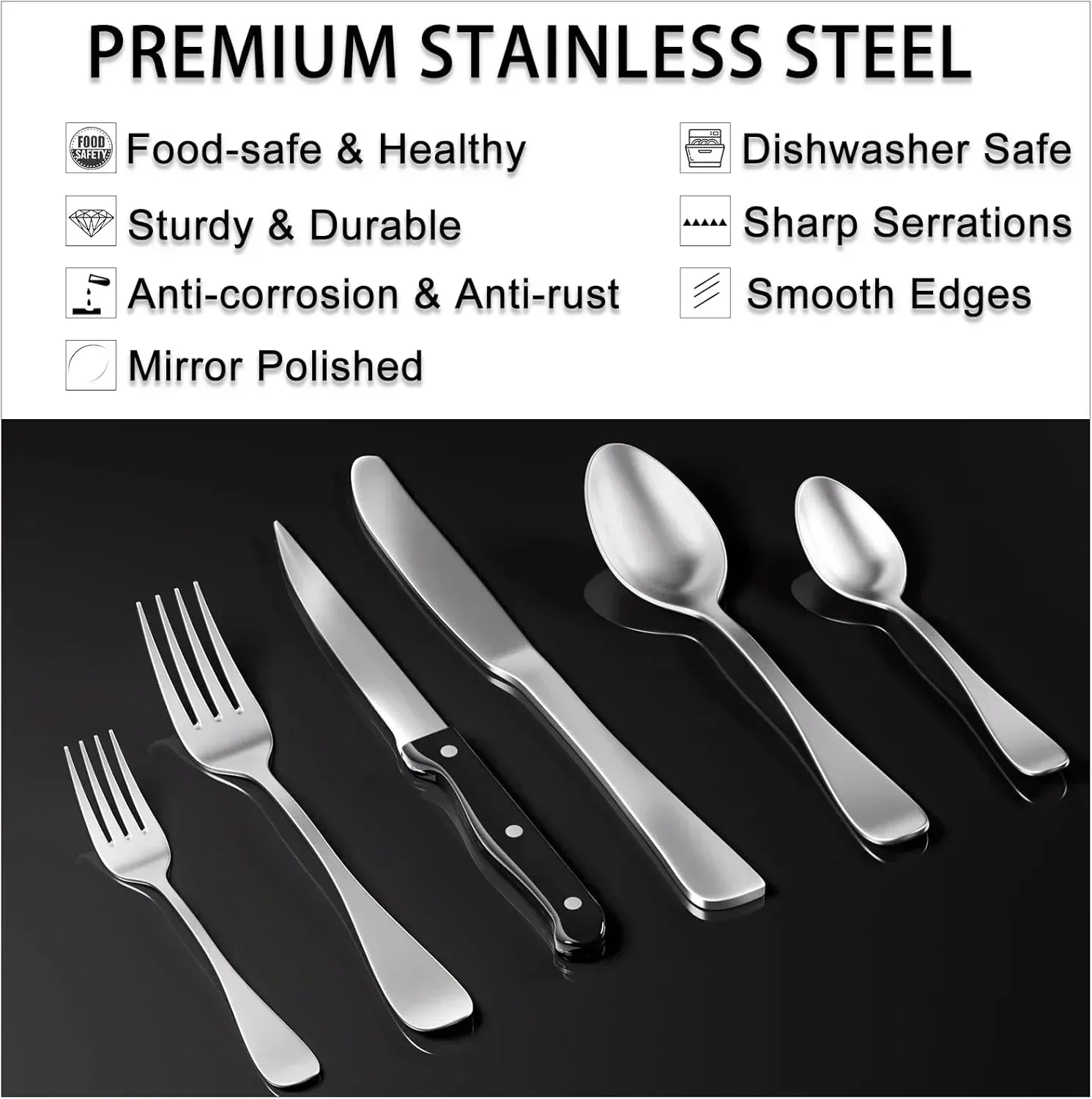 48-Piece Silverware Set with Organizer, Stainless Steel Silverware Flatware Set for 8, Kitchen Utensils with Steak Knives, Mirror Polished Dinner Knife, Forks, Spoons, Tableware Serving Tray - Image 7