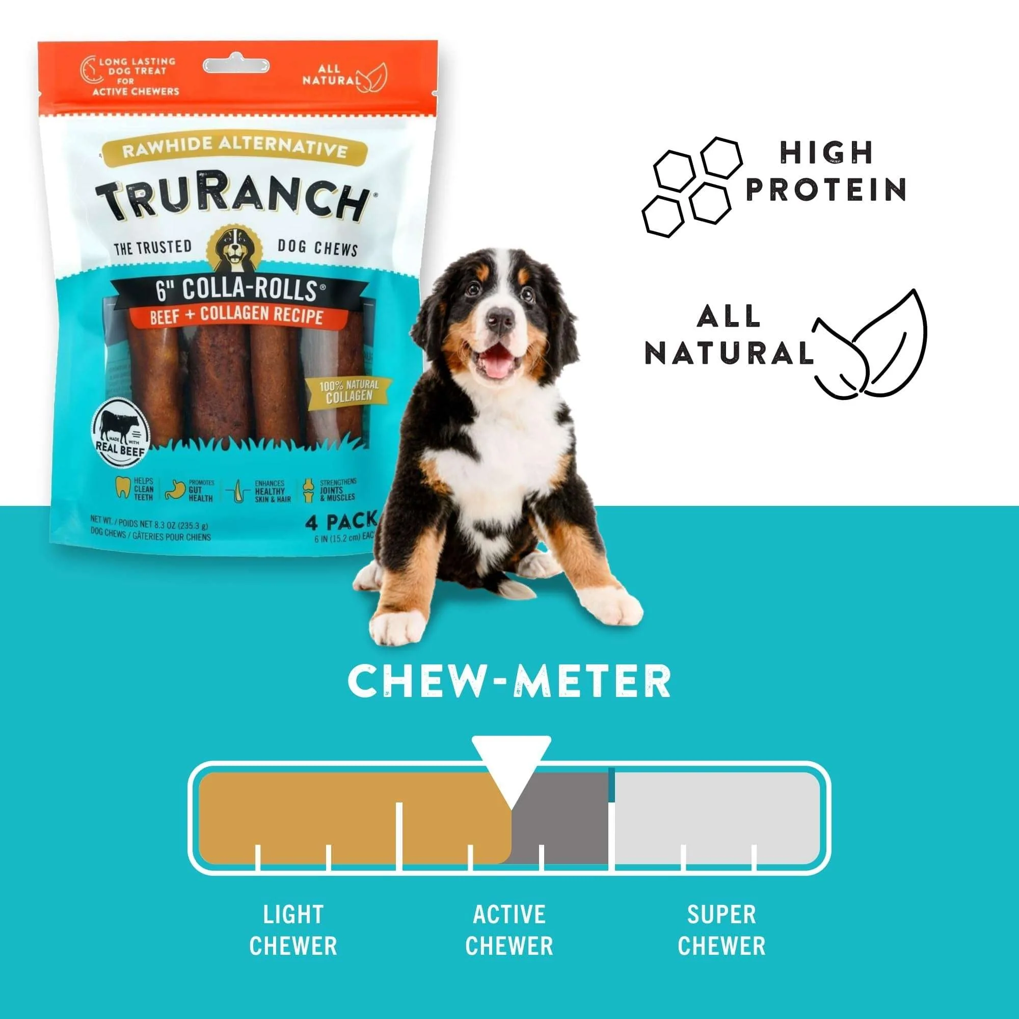 (5 pack) TRURANCH Collagen Rolls - 6" Collagen Rolls for Dogs - Long Lasting Healthy Joint Support Dog Treat - Rawhide Alternative - Skin & Coat Health - Made with Real Beef, 1 Bag, 4 Count - Image 6