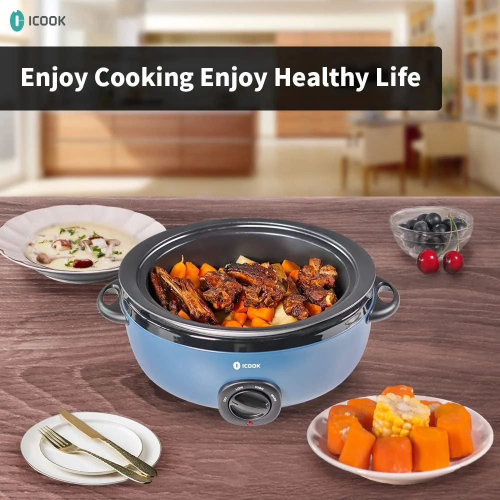 6.5 Quart Slow Cooker, Aluminium Sear/Sauté Stew Pot Stovetop Safe, Dishwasher Safe, Glass Lid, Adjustable Temp, Food Warmer (Blue) - Image 5
