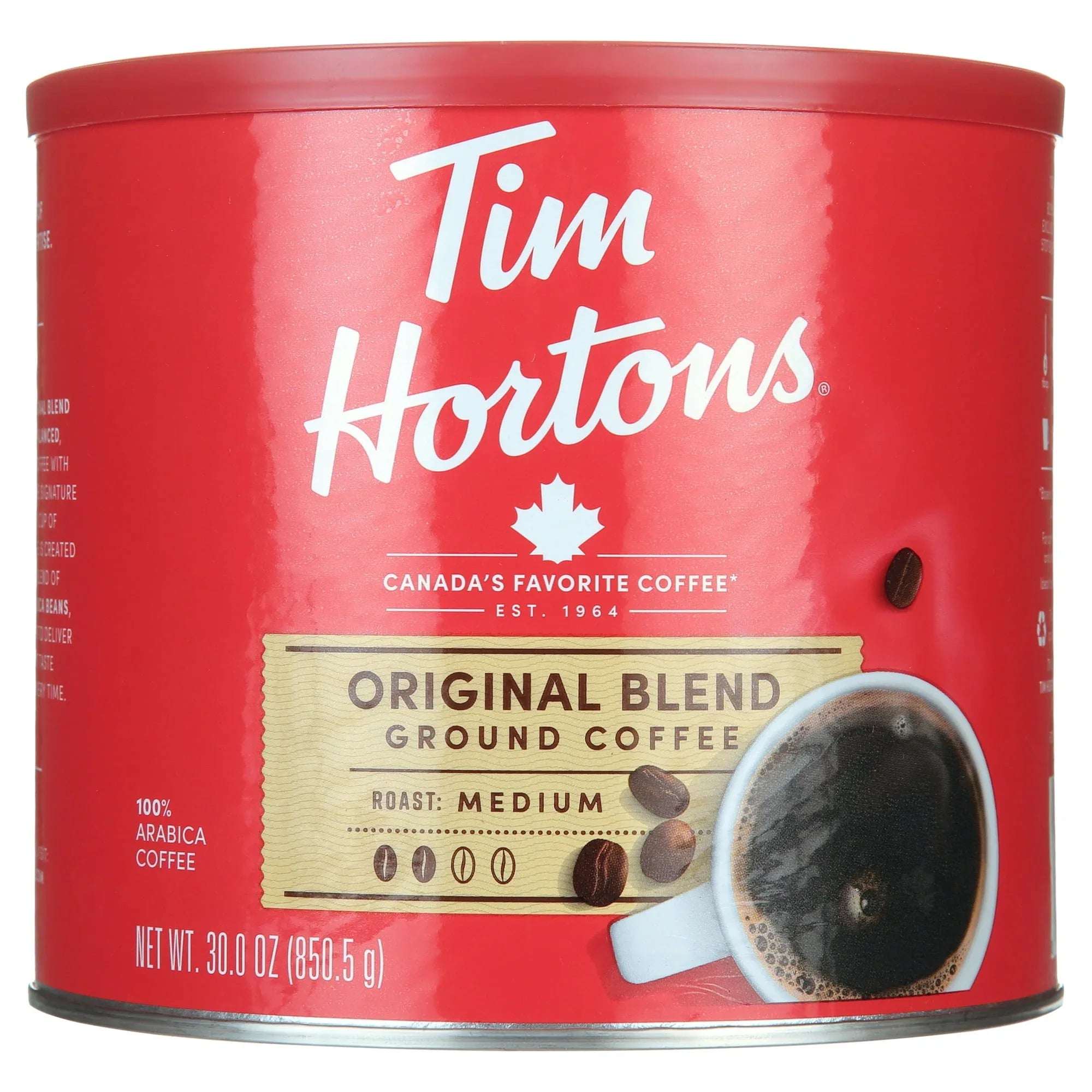 (Single) Tim Hortons Original Blend Ground Coffee, 100% Arabica Medium Roast, 30 oz Canister