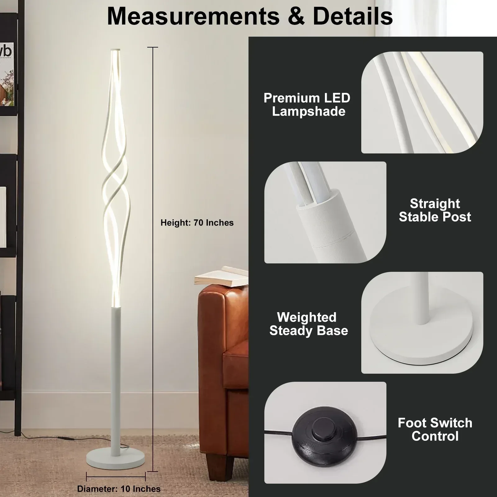 70 Inch Spiral Floor Lamps Modern LED Floor Lamp for Bedroom 34W Dimmable Bedroom Floor Lamp with Remote Control Contemporary Standing Lamp for Living Room Bedroom Kitchen Office - Image 2