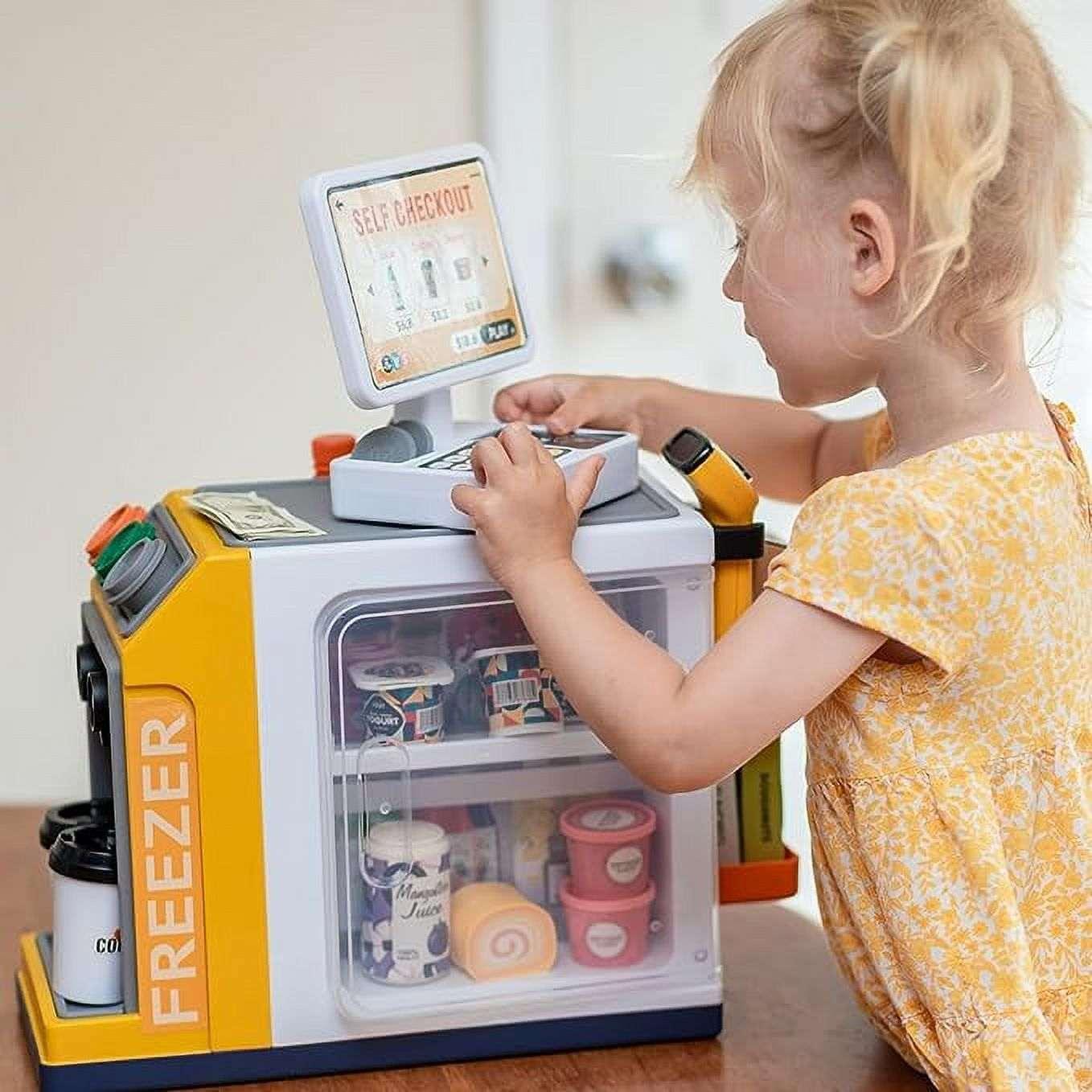 Adofi 46PCS Cash Register for Kids, Kids Pretend Play Toys with Scanner, Shopping Cart, Calculator, Play Food, Toddler Toys for Boys Girls, Toys for Girls 3 6 Years, Kids Toys Cash Register-Yellow - Image 3