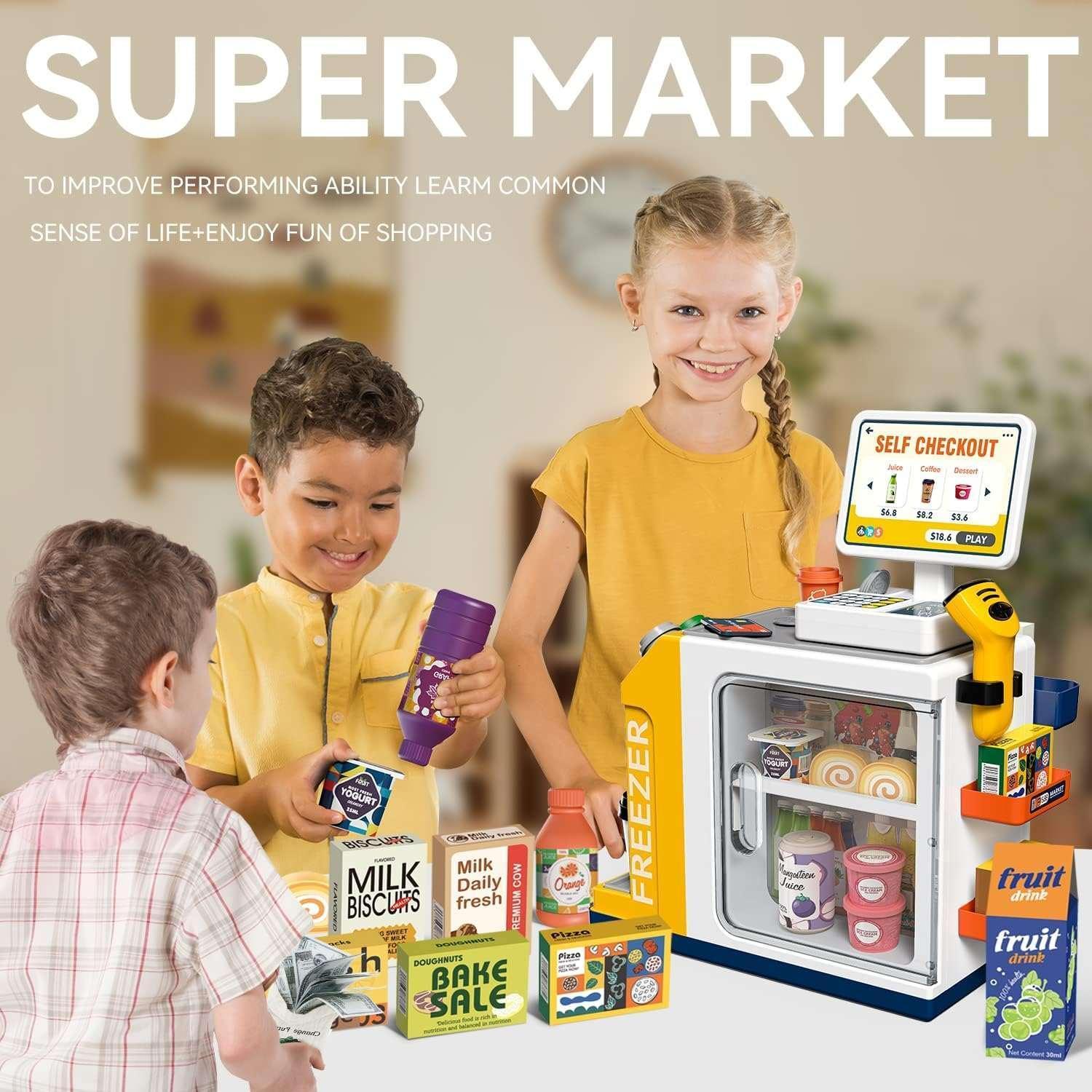 Adofi 46PCS Cash Register for Kids, Kids Pretend Play Toys with Scanner, Shopping Cart, Calculator, Play Food, Toddler Toys for Boys Girls, Toys for Girls 3 6 Years, Kids Toys Cash Register-Yellow - Image 4