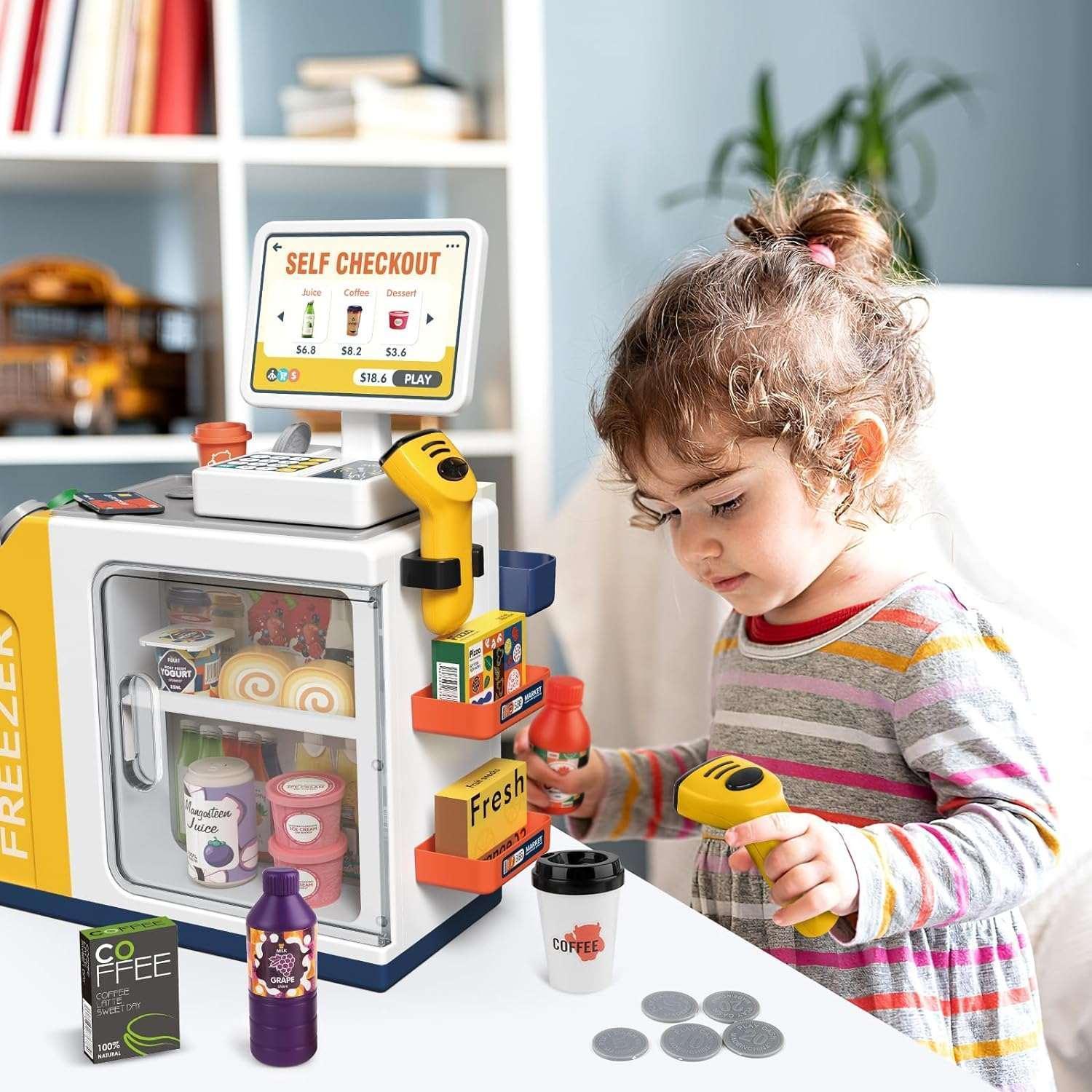 Adofi 46PCS Cash Register for Kids, Kids Pretend Play Toys with Scanner, Shopping Cart, Calculator, Play Food, Toddler Toys for Boys Girls, Toys for Girls 3 6 Years, Kids Toys Cash Register-Yellow - Image 8