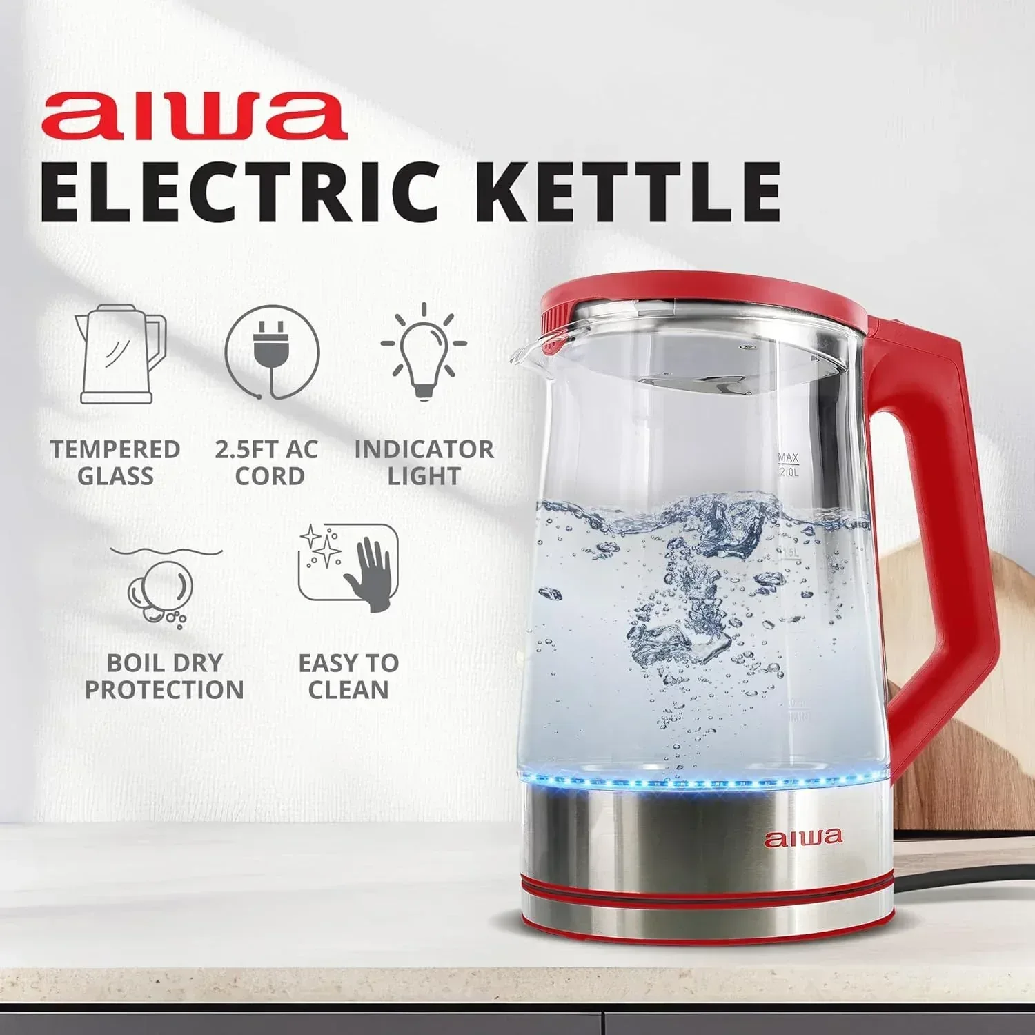 Aiwa 2-Liter Glass Electric Water Kettle, Cordless Hot Water Boiler with Auto-Shutoff, Black - Image 11