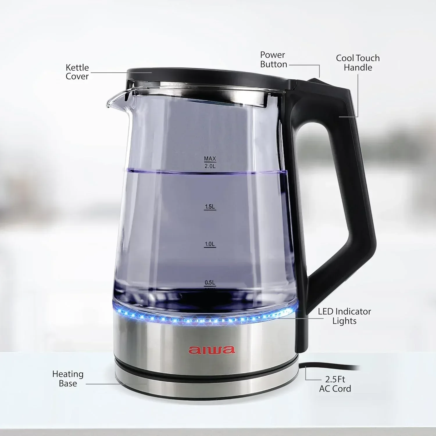 Aiwa 2-Liter Glass Electric Water Kettle, Cordless Hot Water Boiler with Auto-Shutoff, Black - Image 12
