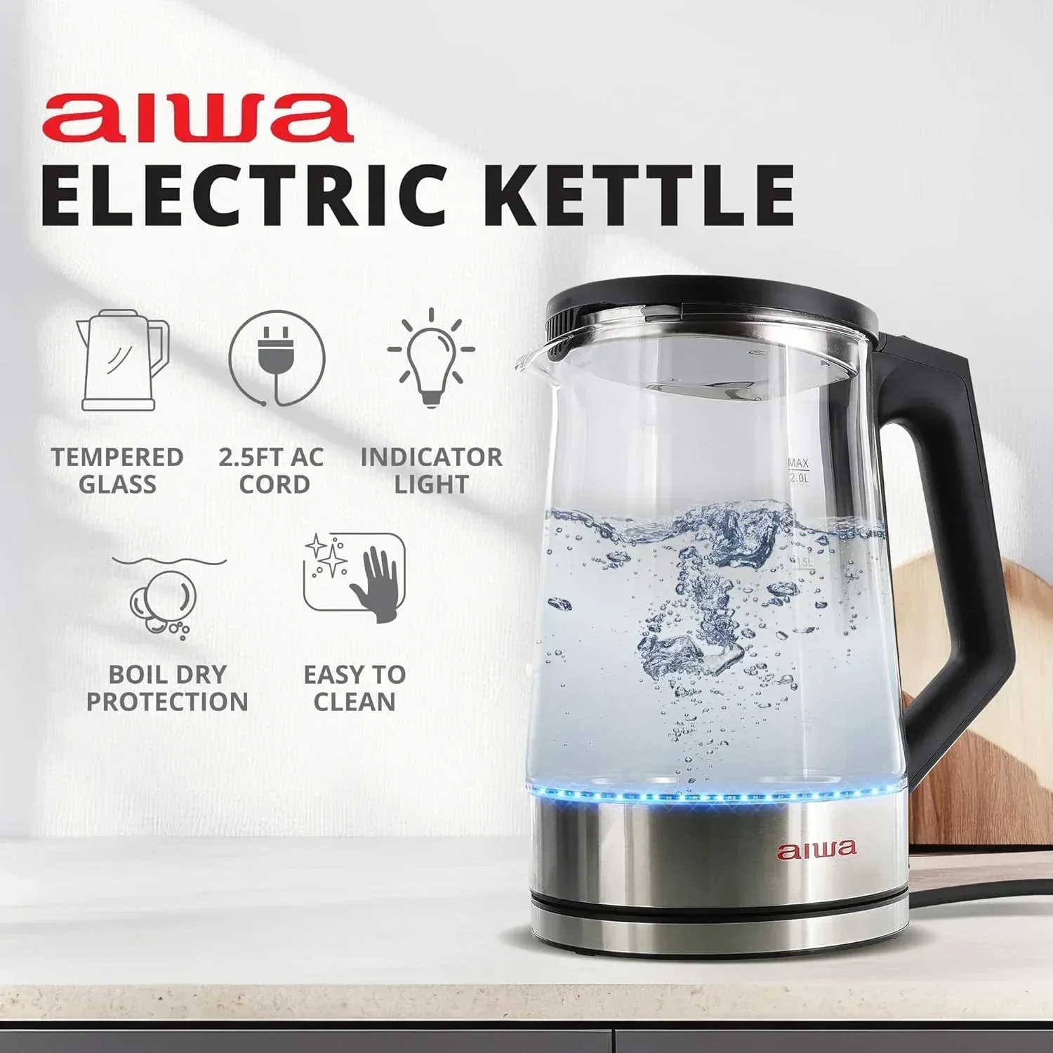 Aiwa 2-Liter Glass Electric Water Kettle, Cordless Hot Water Boiler with Auto-Shutoff, Black - Image 15