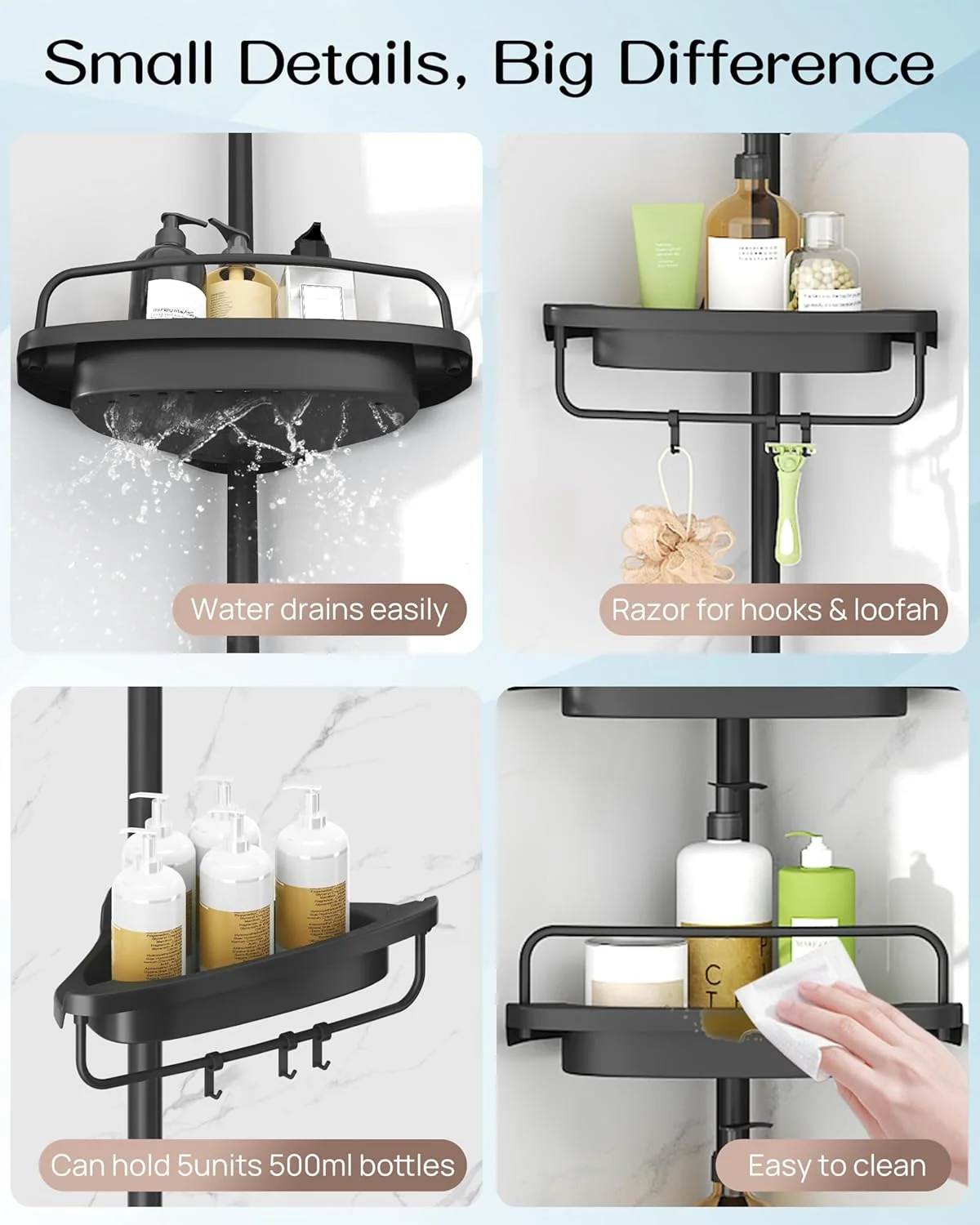 ALLZONE Corner Shower Caddy Tension Pole, Extendable Rustproof Stainless Steel Pole & 4-Tier Adjustable Shelves for Easy Drainage and Built-to-Last Stability, 34 to 116 Inches, Black - Image 2