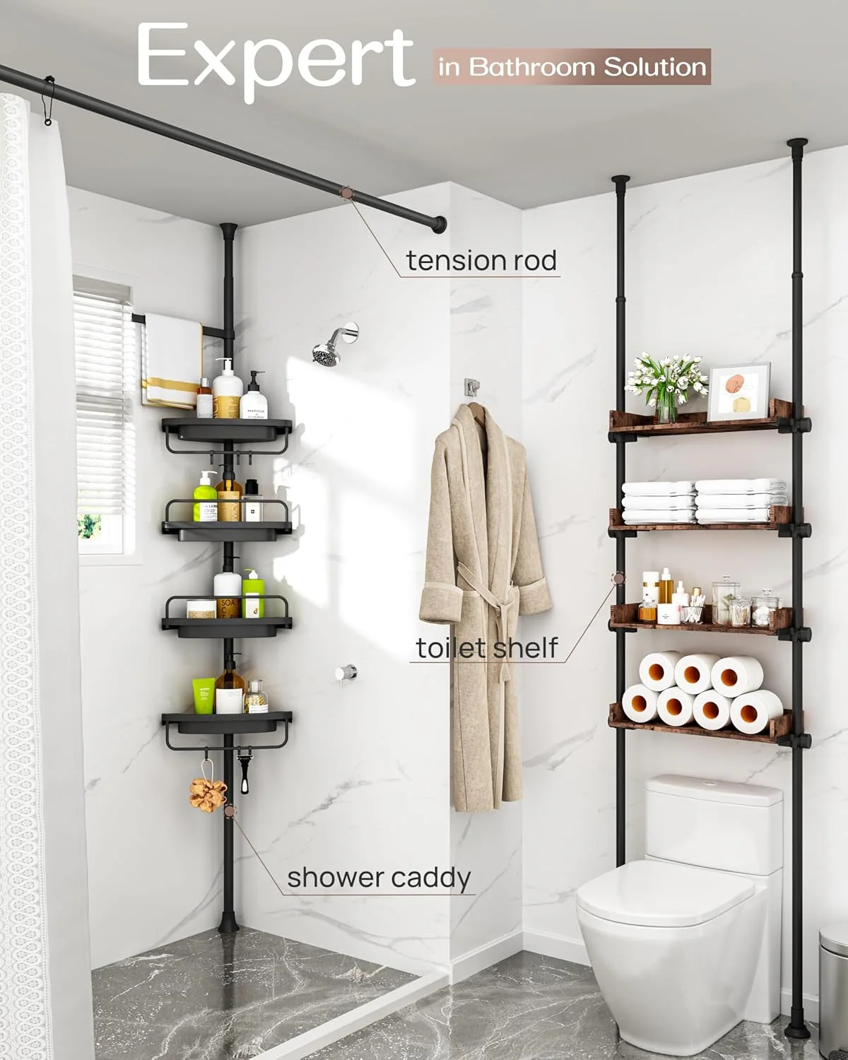 ALLZONE Corner Shower Caddy Tension Pole, Extendable Rustproof Stainless Steel Pole & 4-Tier Adjustable Shelves for Easy Drainage and Built-to-Last Stability, 34 to 116 Inches, Black - Image 5