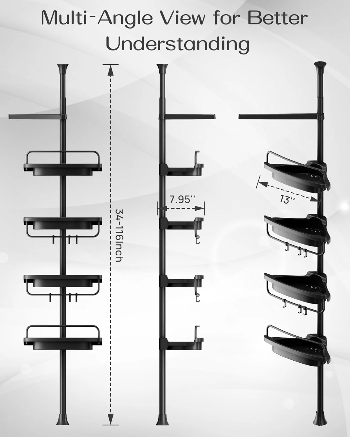 ALLZONE Corner Shower Caddy Tension Pole, Extendable Rustproof Stainless Steel Pole & 4-Tier Adjustable Shelves for Easy Drainage and Built-to-Last Stability, 34 to 116 Inches, Black - Image 6