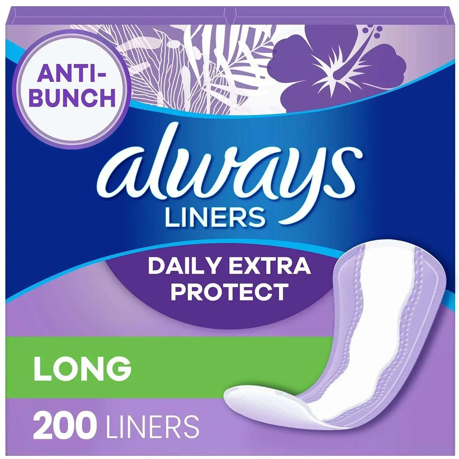 Always Anti-Bunch Xtra Protection Daily Liners, Unscented, Long, 200 ct.