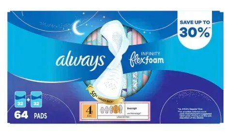 Always Infinity FlexFoam Size 4 Overnight Pads with Wings, 64 ct. - Unscented - Image 2