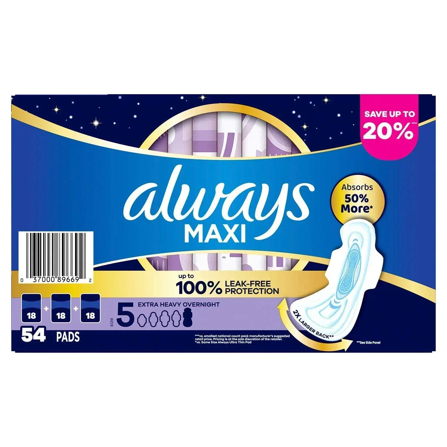Always Maxi Overnight Pads with Wings, Size 5, 54 ct. - Image 10