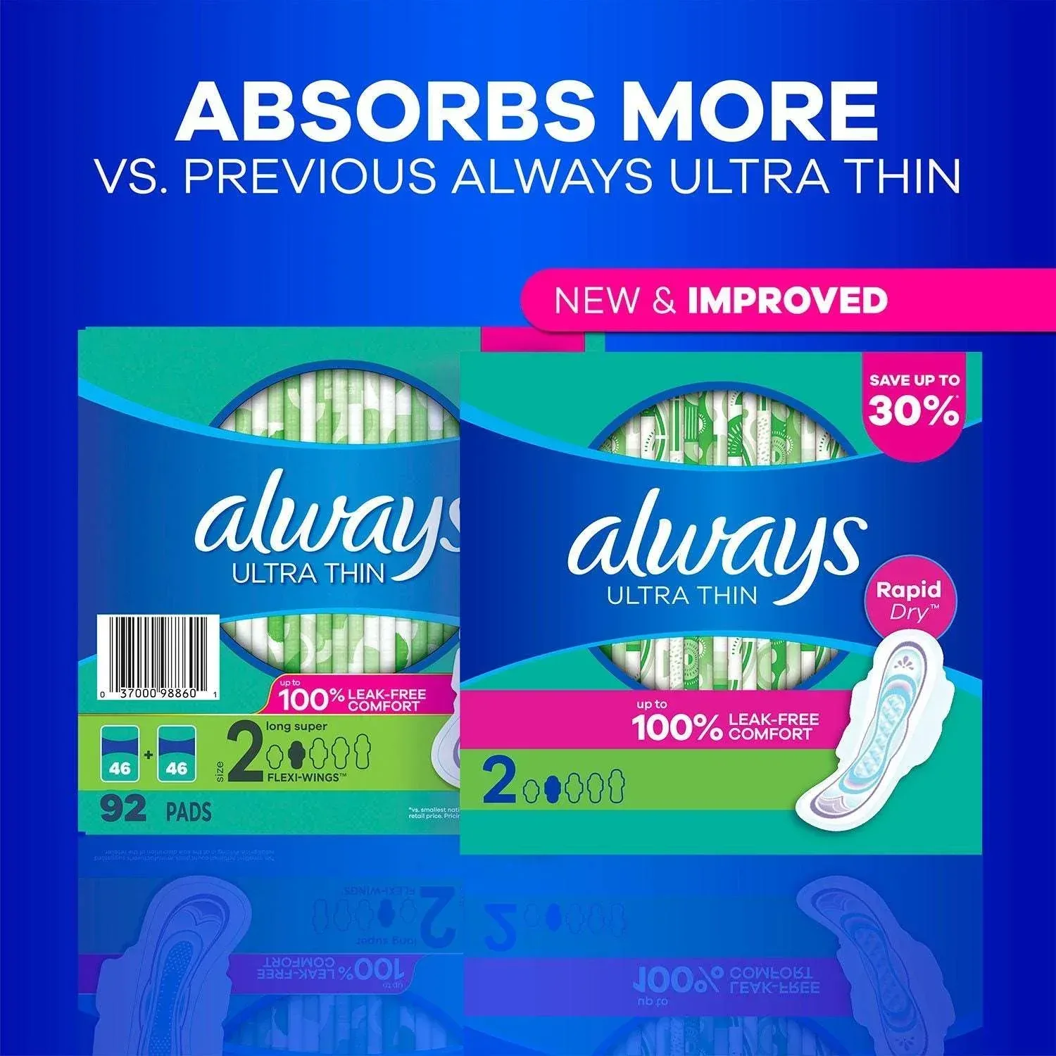 Always Ultra Thin Long Super Pads with Wings, Size 2, 92 ct. - Image 3